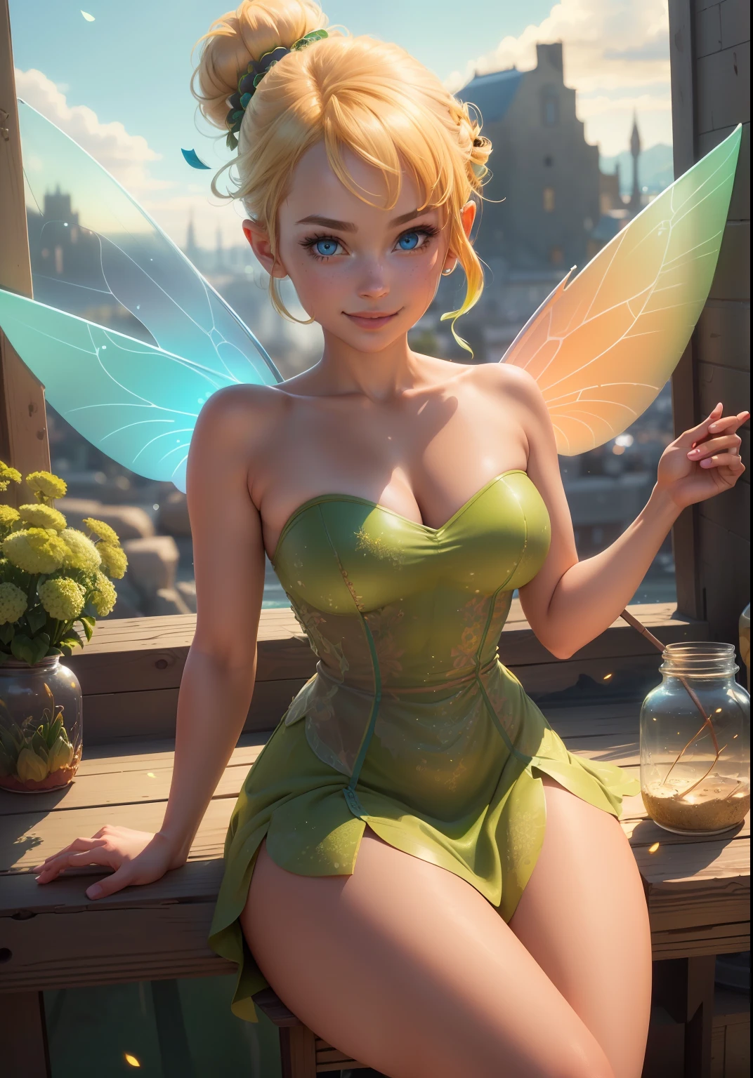 (TinkerWaifu:1), smile, cute, sexy pose, looking at viewer, thick thighs, single hair bun, short hair, (strapless green dress:1), (fairy wings), sitting, (breast focus:1.2), from above, 
(realistic:1.2), (realism), (masterpiece:1.2), (best quality), (ultra detailed), (8k, 4k, intricate),(full-body-shot:1), (85mm),light particles, lighting, (highly detailed:1.2),(detailed face:1.2), (gradients), sfw, colorful,(detailed eyes:1.2),
(detailed ladscape, inside a glass jar:1.2),(detailed background),detailed landscape, (dynamic angle:1.2), (dynamic pose:1.2), (rule of third_composition:1.3), (Line of action:1.2), wide shot, daylight, solo,