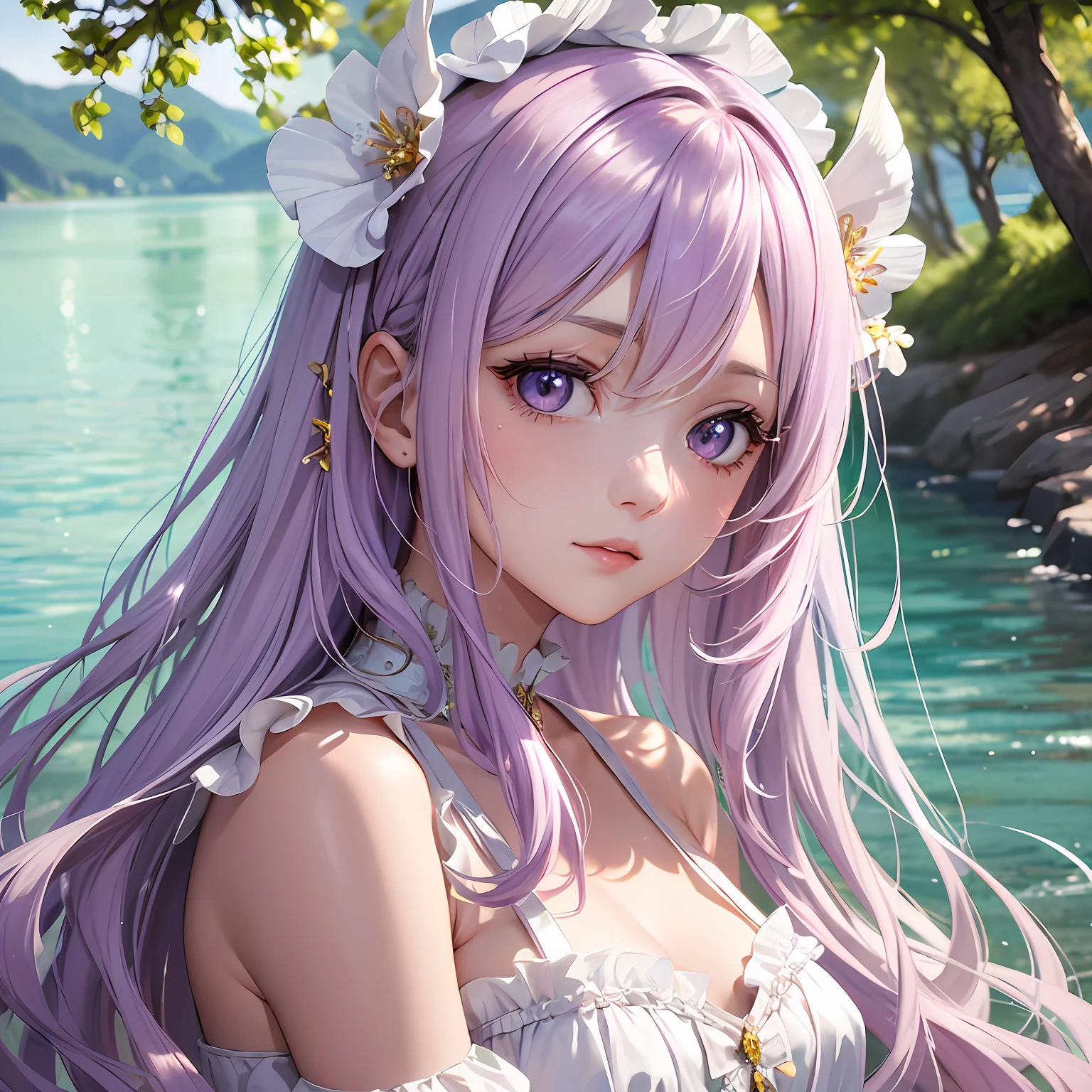 (masterpiece)0.3], (artwork)0.3], (best lighting:1.1), (eye detail:1.2)0.2], (8k extremely detailed CG unit wallpaper)0.4],(1girl), from (long lilac hair:1.2)0.3], wearing a beautiful white ruffled dress, her eyes are delicate yellow with a soft intense glow her skin is as white as porcelain, against a backdrop of a lake with beautiful trees in the background, in softly hard linear lighting