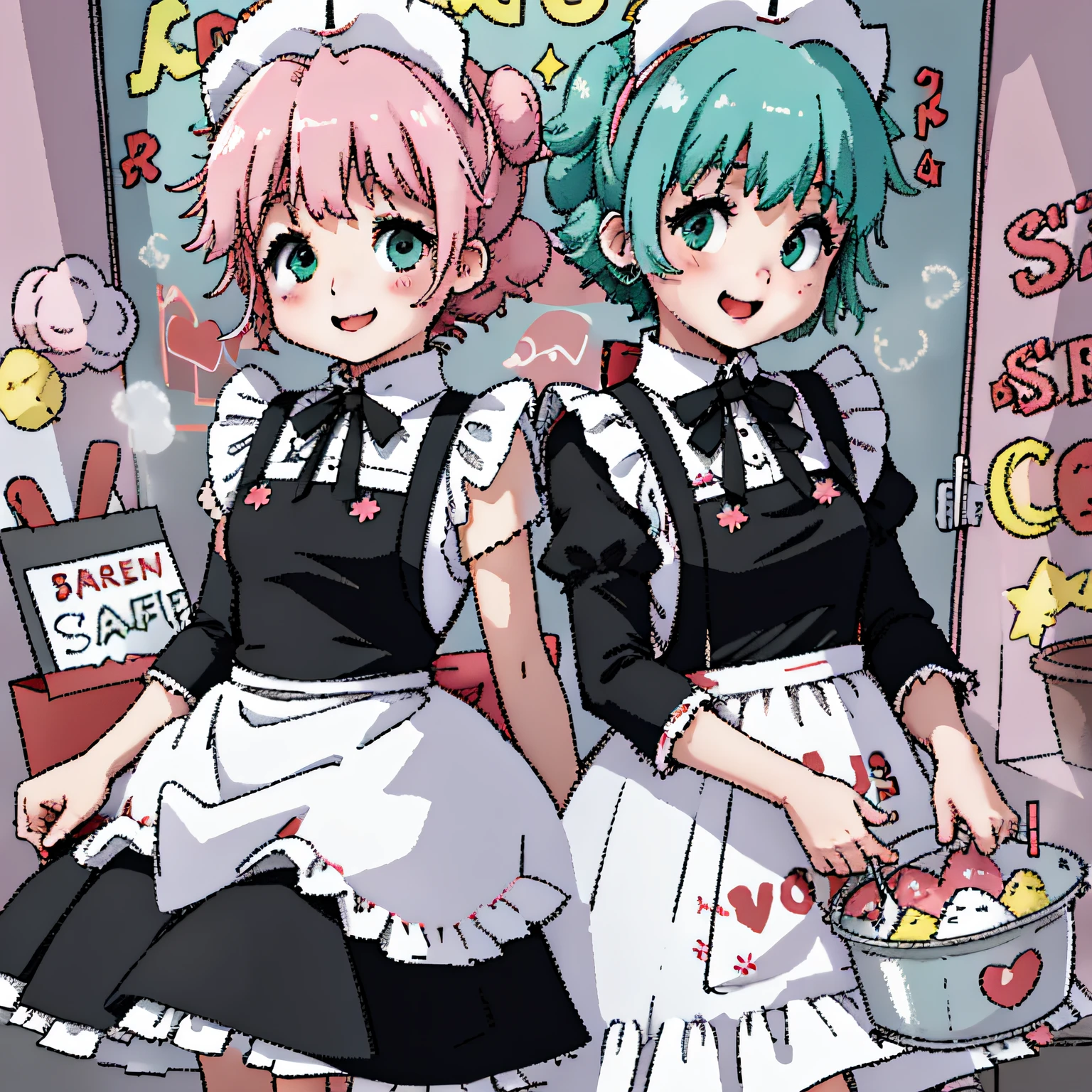 2girls 
    apron 
    aqua ribbon 
    black dress 
     blonde hair 
     blush 
    ? bow 859k
    ? bucket 12k
    ? closed mouth 702k
    ? dress 907k
    ? frilled apron 24k
    ? frills 336k
    ? green eyes 628k
    ? green halo 207
     hair bow 
    holding 
    holding bucket 
    holding mop 
    long sleeves 
    looking at viewer 
    maid 
    maid apron 
     maid headdress 
    ? mop 2.3k
    ? multiple girls 1.2M
    ? neck ribbon 88k
    ? official alternate costume 161k
    ? open mouth 1.7M
    ? pink eyes 185k
    ? pink halo 812
    ? puffy long sleeves 30k
    ? puffy sleeves 236k
    ? ribbon 843k
     short hair 
      siblings 
     simple background 
     sisters 
      smile 
     twins 
    white apron 
    white background