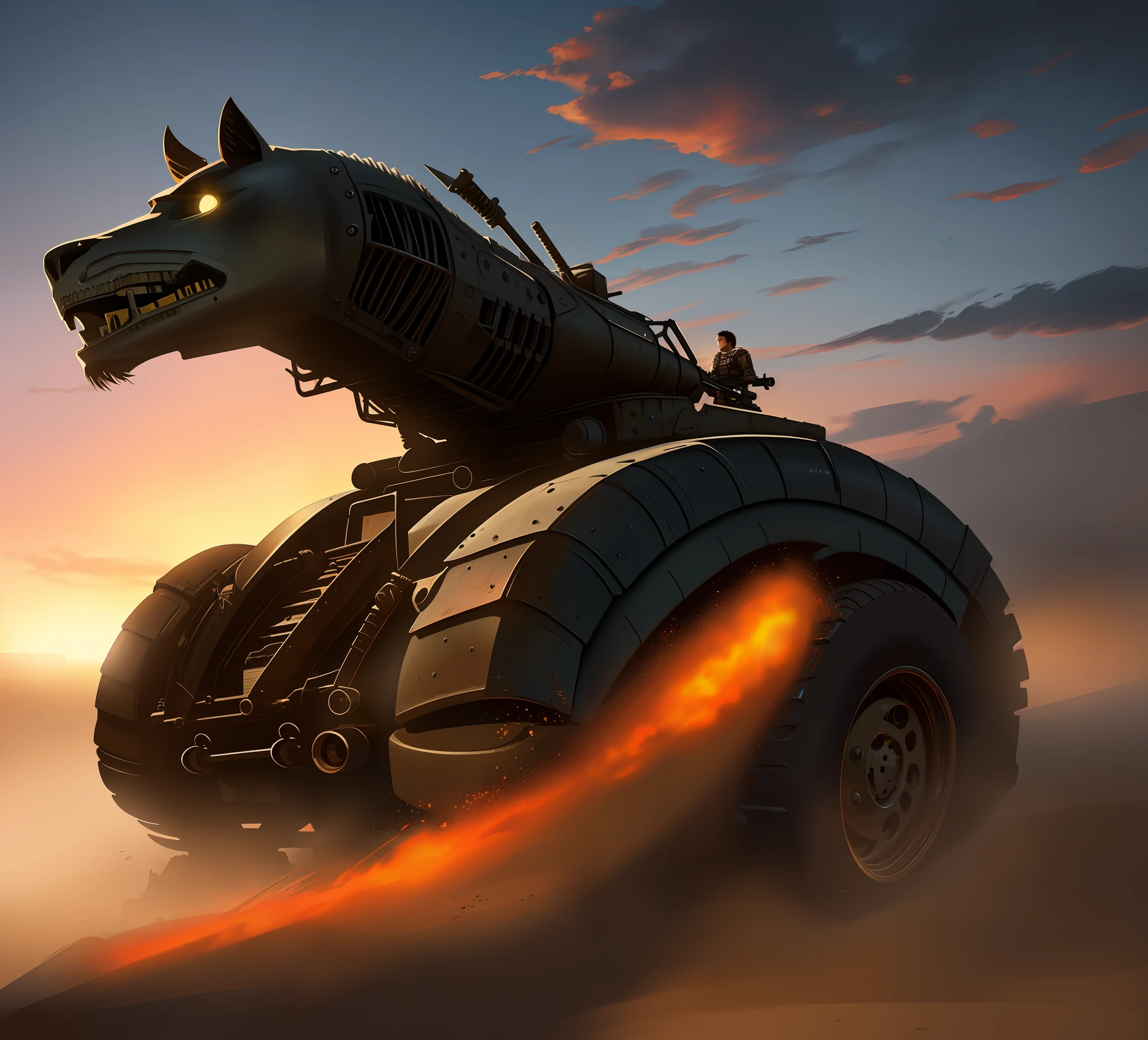 a beautiful war car, Madmax style, intricate details, cinematic lighting, ((color palette from the movie Madmax)), (weapons on the roof of the car), movie scene, realistic digital art.