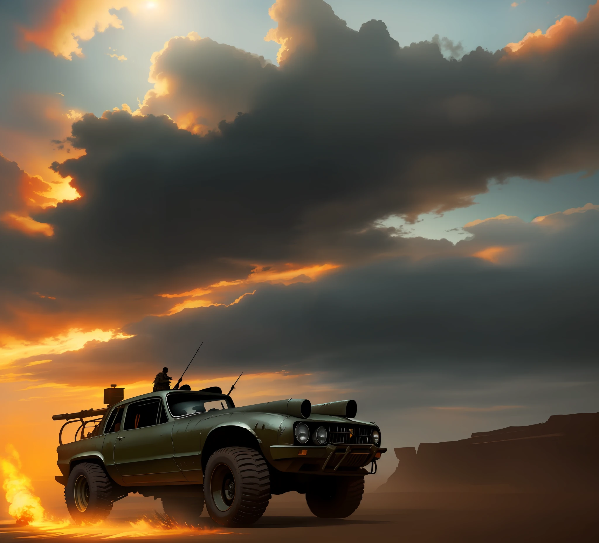 a beautiful war car, Madmax style, intricate details, cinematic lighting, ((color palette from the Madmax)), (weapons on the roof of the car), moviee, realistic digital art.