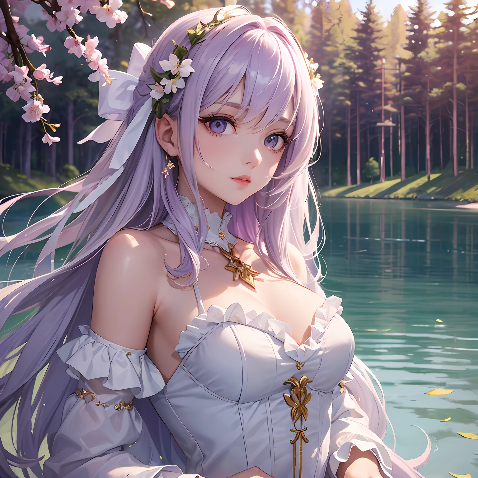 (masterpiece)0.3], (artwork)0.3], (best lighting:1.1), (eye detail:1.2)0.2], (8k extremely detailed CG unit wallpaper)0.4],(1girl), from (long lilac hair:1.2)0.3], wearing a beautiful white ruffled dress, her eyes are delicate yellow with a soft intense glow her skin is as white as porcelain, against a backdrop of a lake with beautiful trees in the background, in softly hard linear lighting