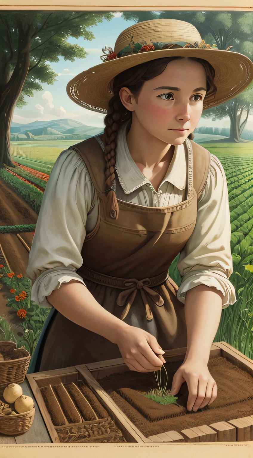 ((best quality), (masterpiece), (detailed)) Close-up shot of colonists diligently tending their fields, planting seeds with dedication and hope for a bountiful harvest. The scene exudes a sense of history and authenticity, reminiscent of an old and historical image. The style of the artwork draws inspiration from the realism movement, particularly influenced by the works of artist John White. The camera angle captures the intricate details of the colonists' actions, emphasizing their hard work and the importance of agriculture in their lives.