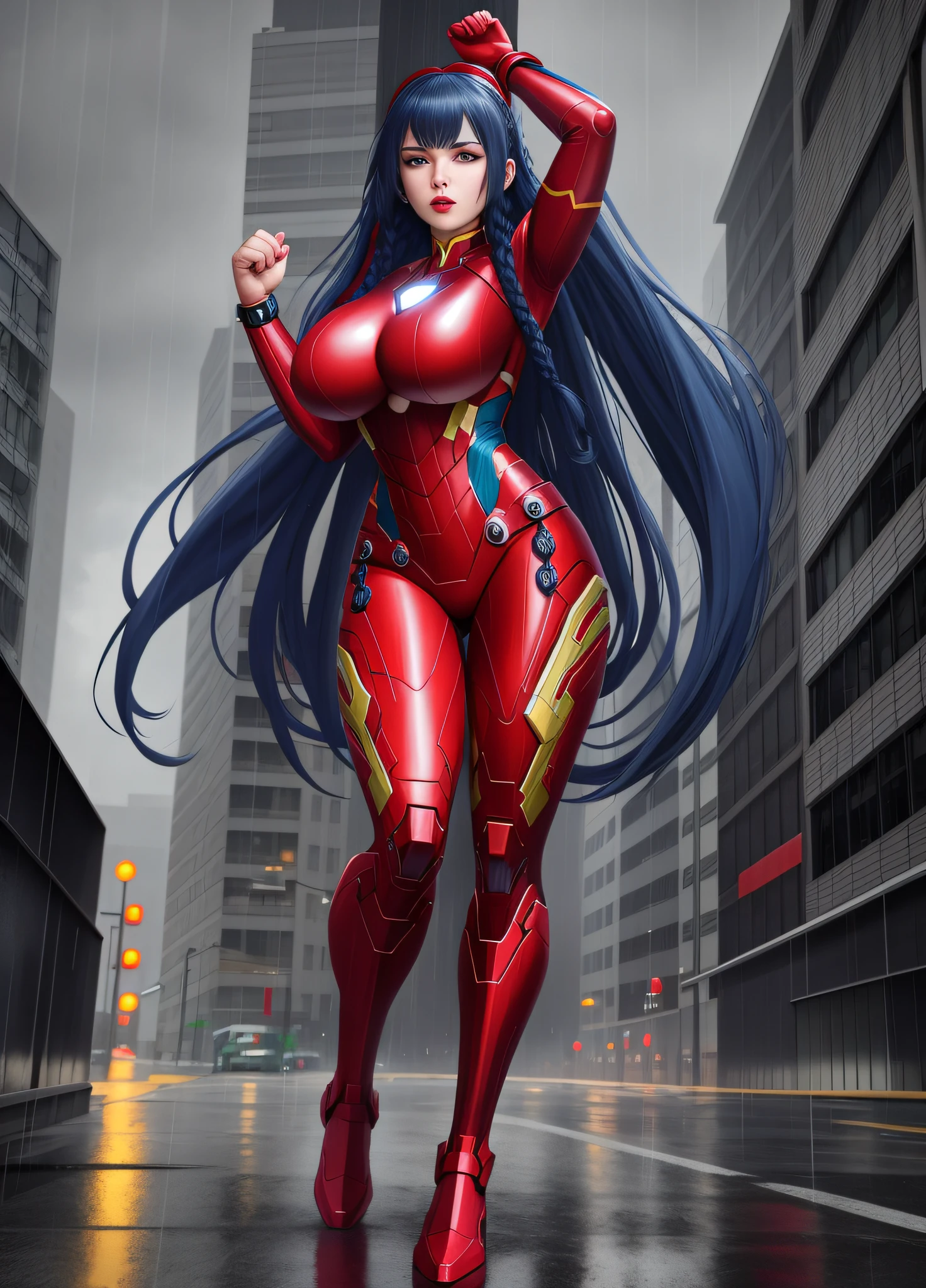 A Woman, full body photo with her feet on the ground, dressed as Iron Man/Spider-Man, tight-fitting suit, immensely gigantic breasts. The woman has long blue hair with braids held by teddy bear barrettes, green eyes, this one with her fists up, her outfit has several weapons attached to her costume. The woman is looking at the viewer, flushed face, heavy makeup on her face, red lipstick. She on top of a tall building raining heavily, her hair and clothes are soaked, rape face, Anime style, anime, Mortal Kombar style, 16k, high quality, award winning, high details, anatomically correct, masterpiece, UHD