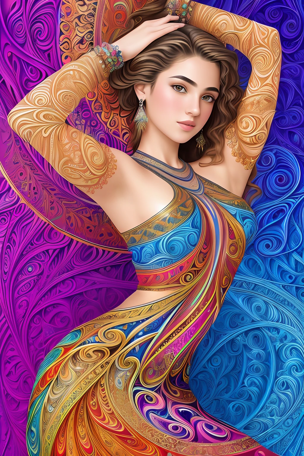 (masterpiece, top quality, best quality, official art, beautiful and aesthetic:1.2), (1girl:1.3), extremely detailed,(fractal art:1.2),colorful,highest detailed,(zentangle:1.2), (dynamic pose), (abstract background:1.5), (treditional dress:1.2), (shiny skin), (many colors:1.4), upper body