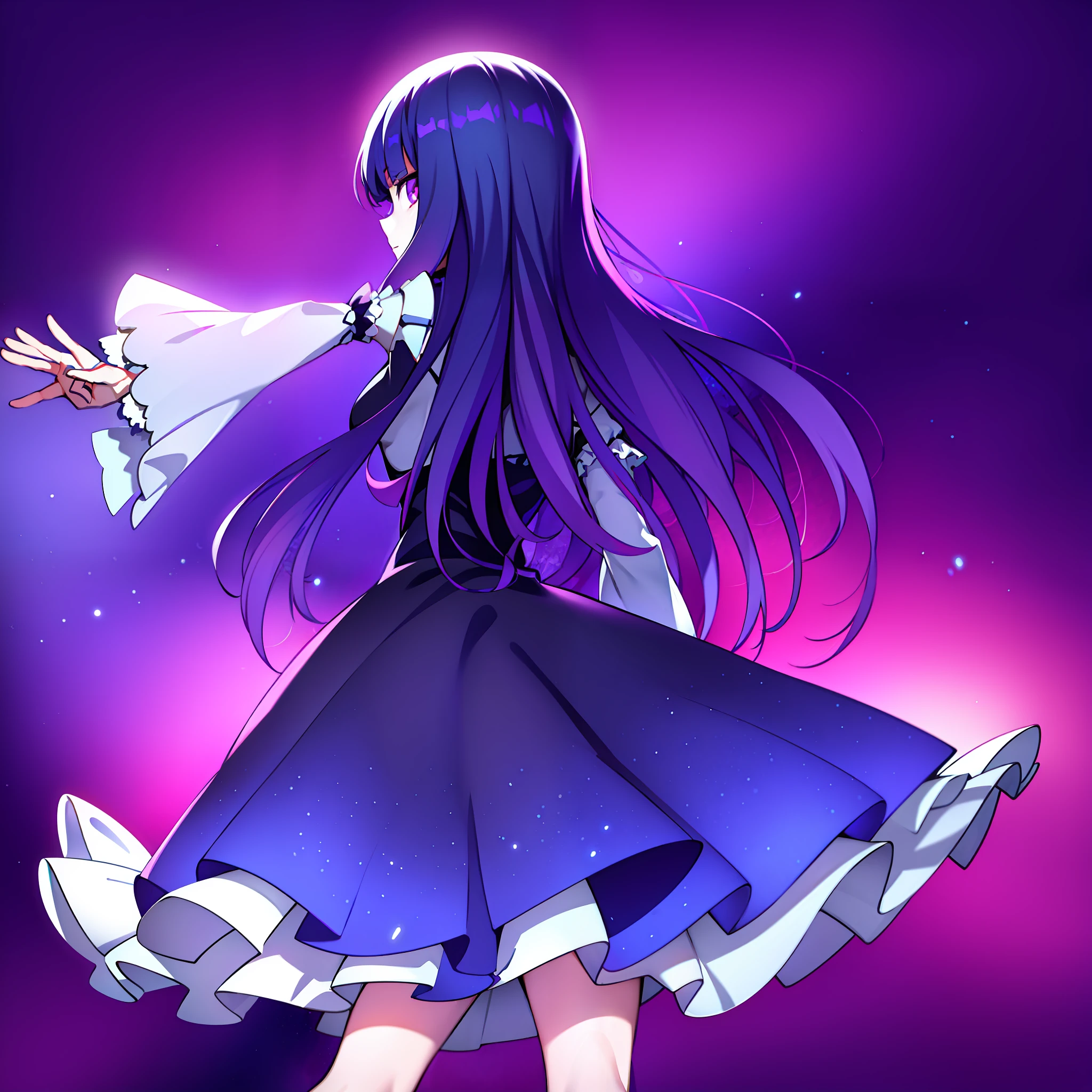 1girl, frederica bernkastel, blue hair, purple eyes, dress, detailed background, long sleeves, looking from back, dark purple space background, crystallized prisms in background