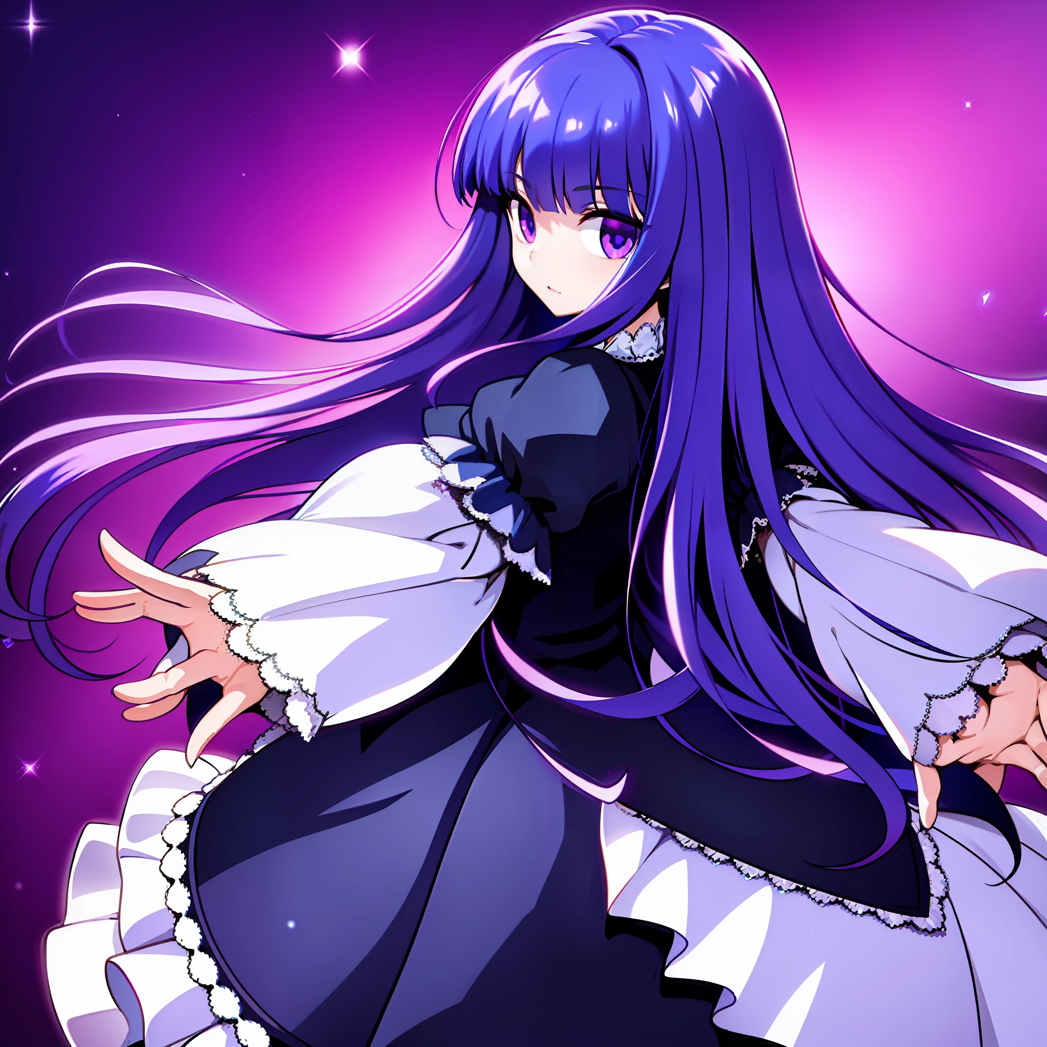 1girl, frederica bernkastel, blue hair, purple eyes, dress, detailed background, long sleeves, looking from back, dark purple space background, crystallized prisms in background