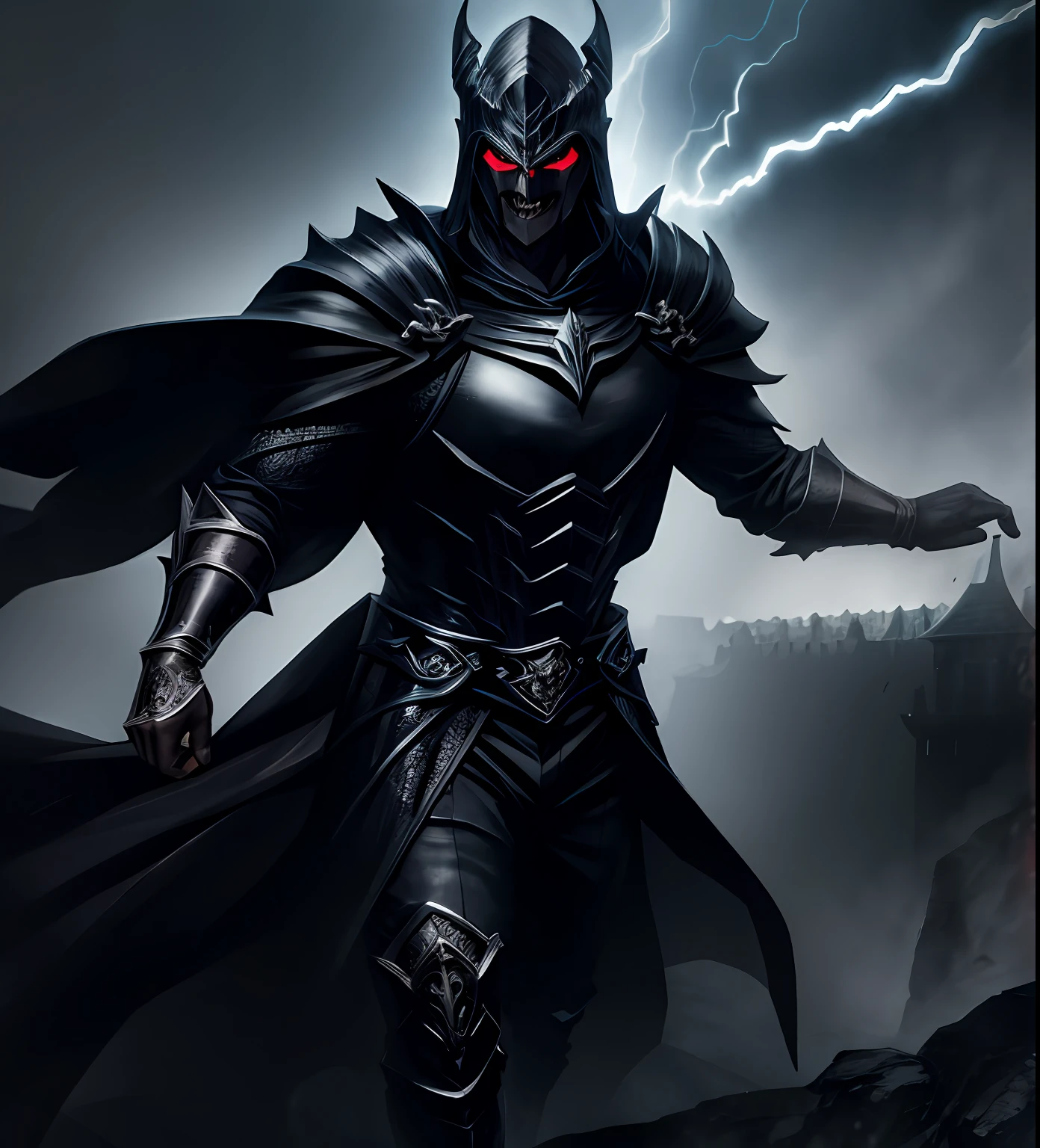 (Ultra detailed:1.3),(Evil:1.3),Dark castle background, (grainy:0.8), (natural lighting:0.8) AND man in dark clothes, detailed metal mask, Casting lightning from the left hand, fog in the feet,(Electric Colors:0.65)
