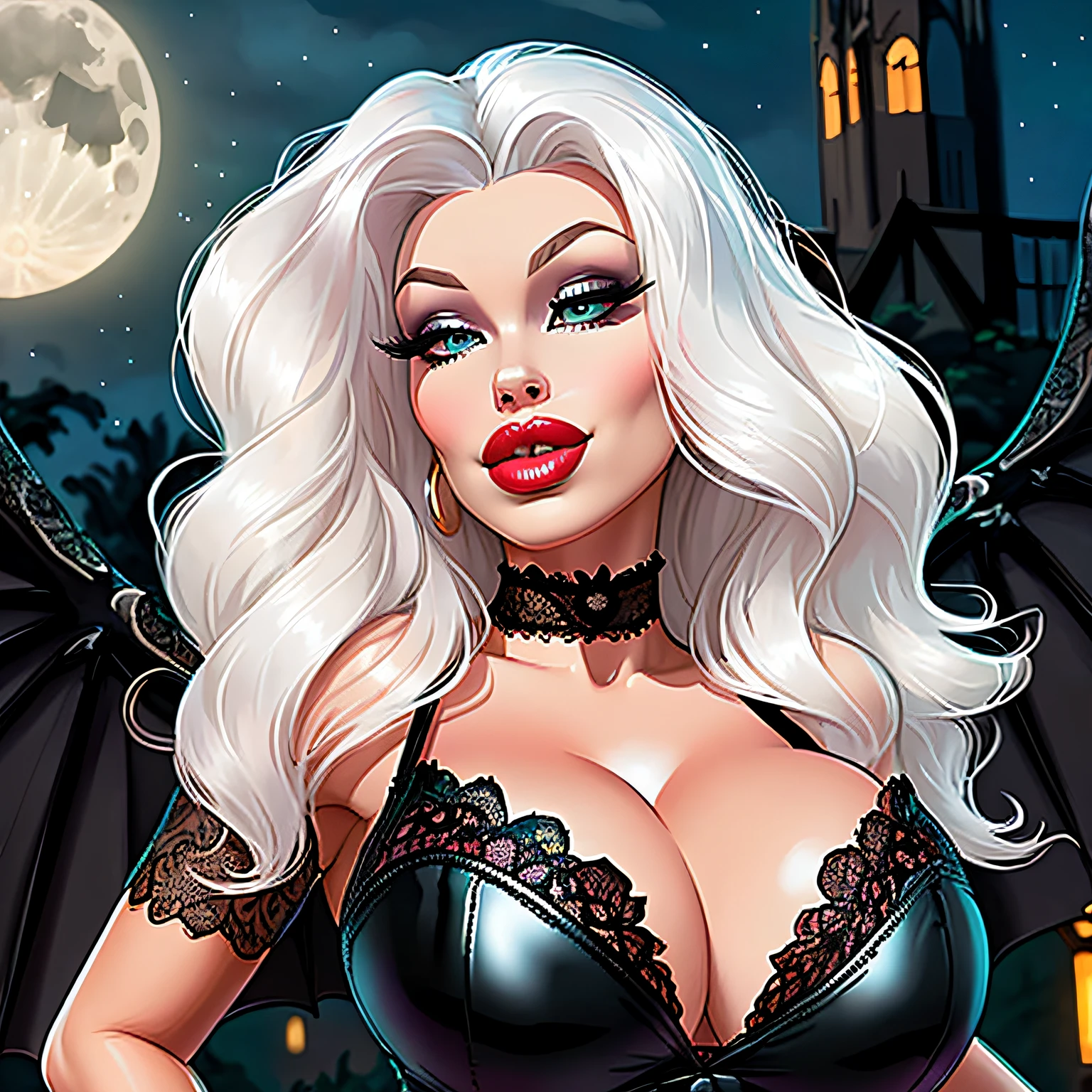 [Nicolette Shea|Kitty Summers], white hair styled in loose waves, analog style, woman, (thepit bimbo:1.2), detailed, skin texture, (silicon lips:1.3), (closeup:1.2), centered, pale skin, looking at viewer, 8k, highly detailed, symmetric, realistic, photo-realistic, cleavage focus, pout, wide hips, night background, glowing skin, breast enlargement, huge breasts, (black lace dress:1.2), bubblebutt, huge lips, gold outline, eyelashes, eyeshadow, 1girl, (massive lips: 1.3), (gigantic lips: 1.3), in frame, (gothic style:1.2), milf, feminine, vampire, huge resolution, moon in background, pronounced cheek bones, highly detailed eyes, (dreamlike style:1.2), head wings