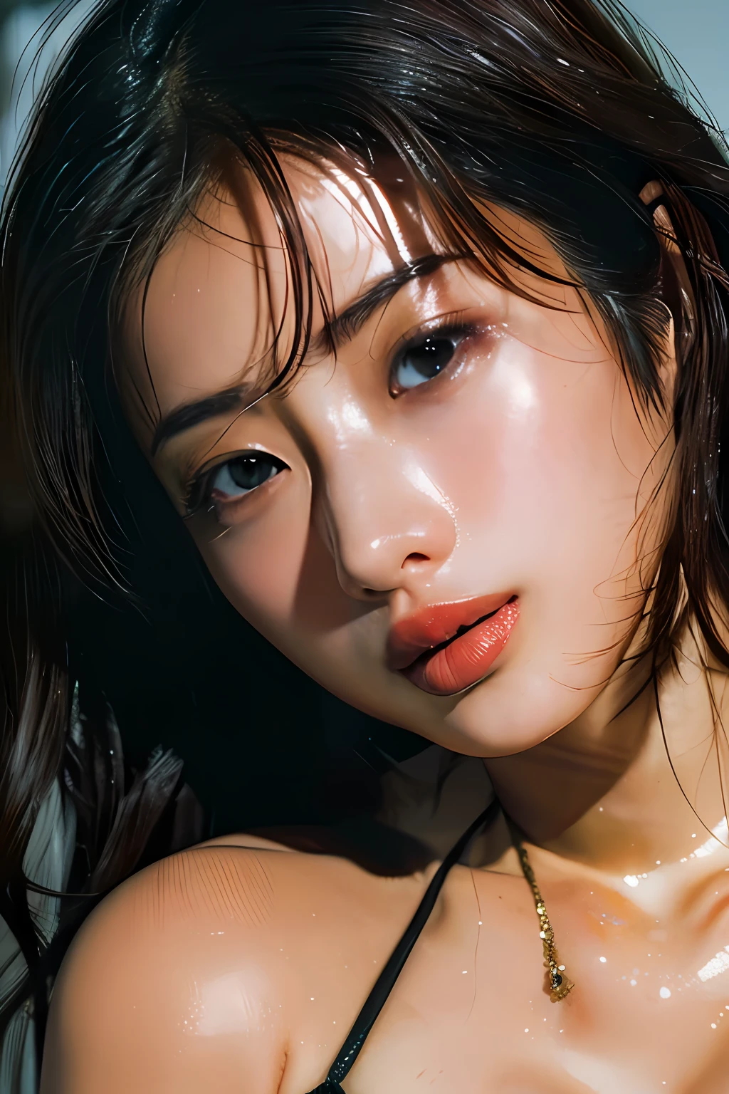 Best quality, masterpiece, ultra high res, (photorealistic:1.4), raw photo, 1girl, DARK hair, shiny skin, WET BODY, dramatic lighting, full body, bitch, micro bikini, huge breasts