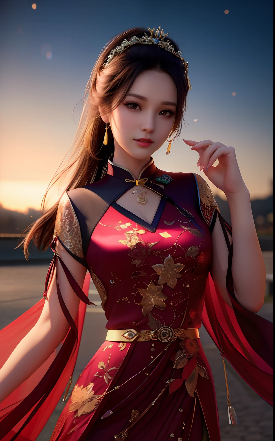 Best Quality, Masterpiece, Hi-Res, One Girl, Cheongsam, Headwear, Necklace, Jewelry, Beautiful Face, upon_body, Tyndall Effect, Photorealistic, Dark Studio, Rim Lighting, Two-Tone Lighting, (High Definition Skin: 1.2), 8k uhd, dslr, soft lighting, high quality, volumetric lighting, candid, photography, high definition, 4k, 8k, bokeh