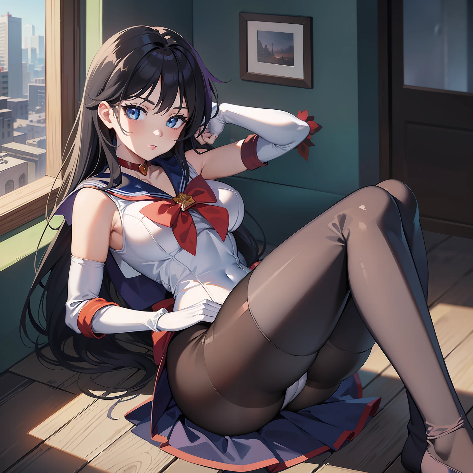 (masterpiece: 1.2), best quality, high resolution, unity 8k wallpaper, (illustration: 1.0), beautiful detailed, extremely detailed, perfect lighting, extremely detailed CG, bright eyes, (Sailor Mars Cosplay), blue eyes, global ray tracing, large breasts, pantyhose, large_ass, looking at the viewer, solo, perspective,