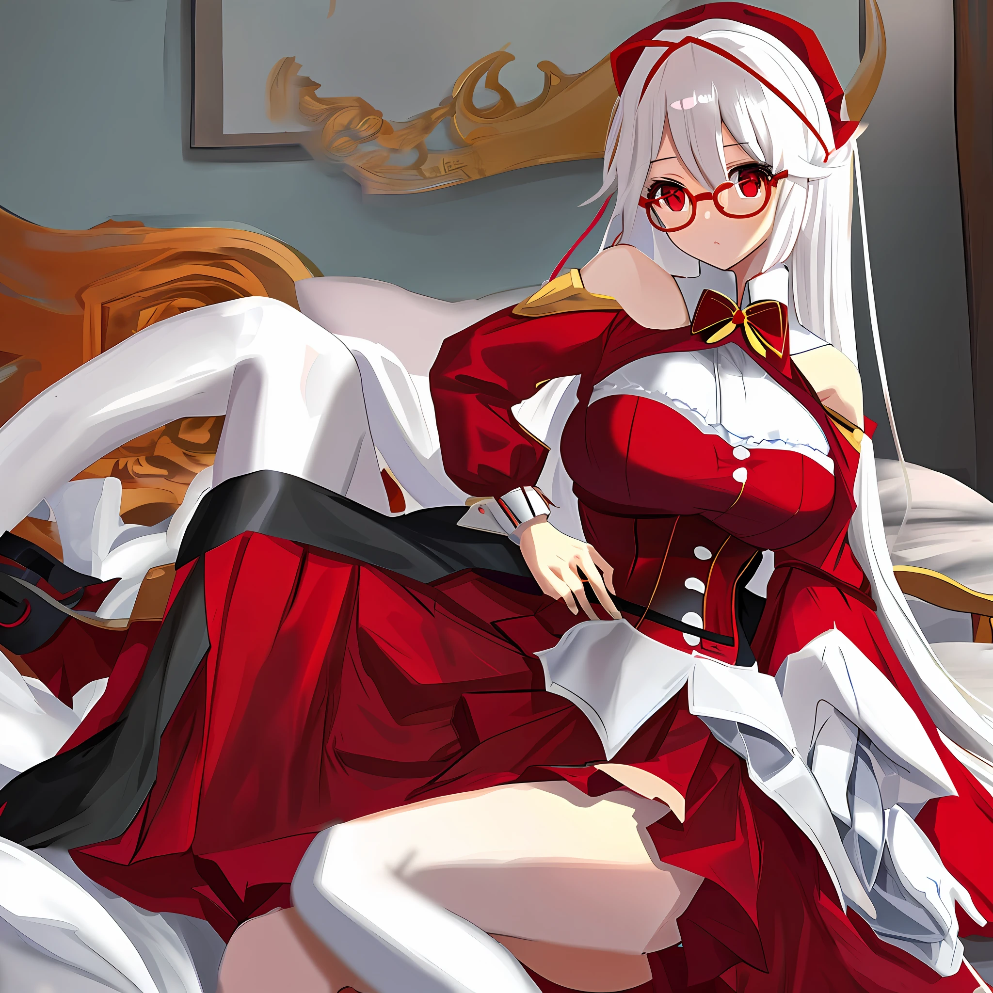 Anime girl sexy, underwear, glasses, red eyes, white long hair, in bed, big breasts,