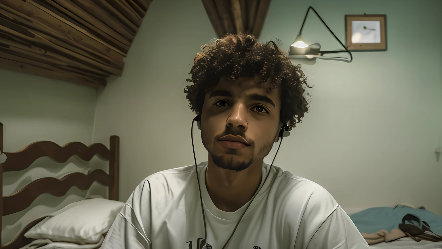 There is a man with headphones sitting in a room, Caio Santos, around 1 9 years, Matthew 9 5, desaturated!!, Riyahd Cassiem, Icarus Carvalho, high quality image, young!!!, frontal image, curls on top of the head, atef, bored, ismail, old photo