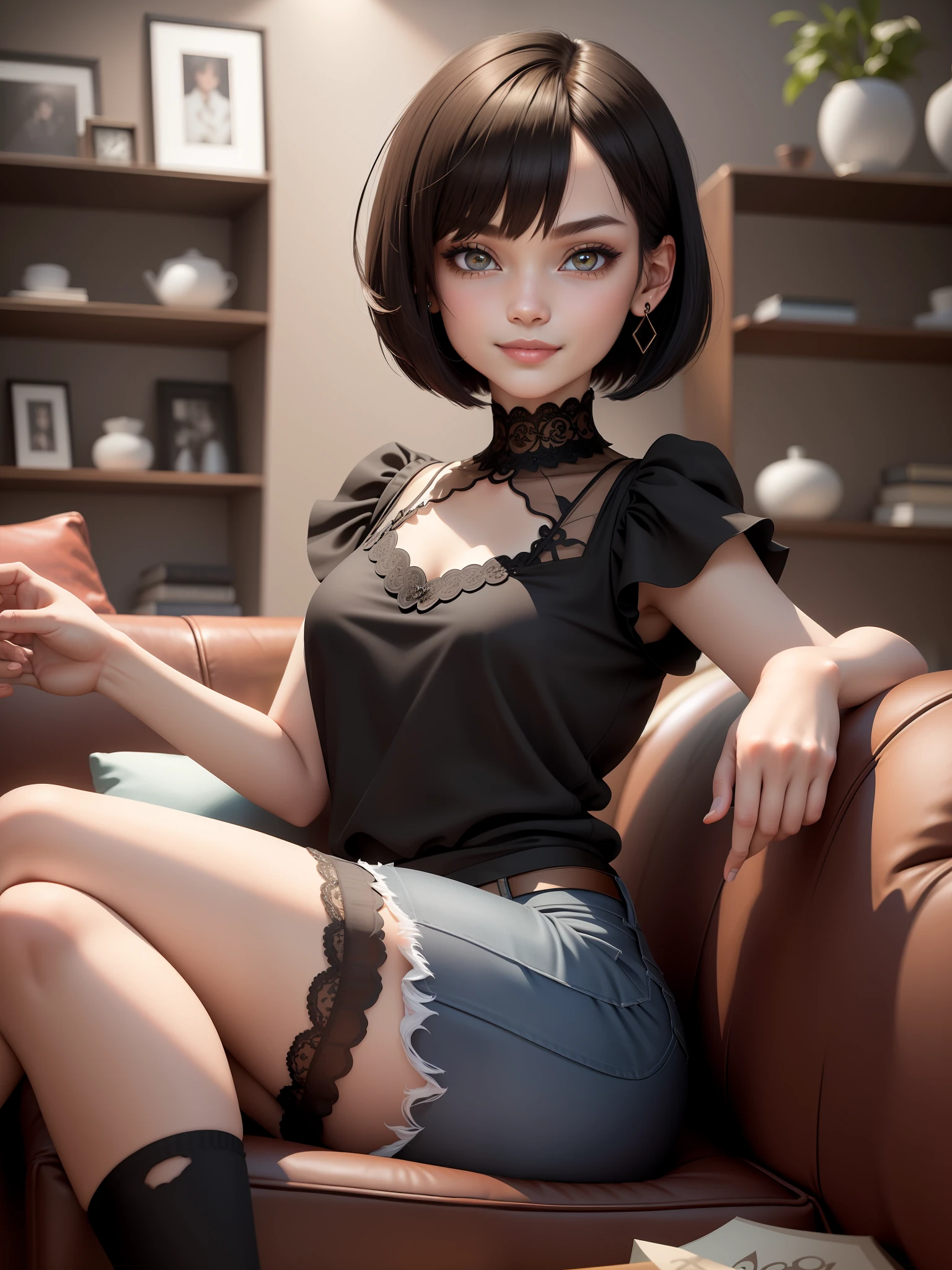 (masterpiece),(best quality),(ultra-detailed), (full body: 1.2), 1girl, cute, 12y, smile, black and red Bob haircut, honey eyes, earring, black rock t-shirt, ripped jeans, lace socks, (sitting on brown sofa), behaved posture, smile, An elegant black coffee table sits in front of the sofa and some decorative items are placed on the shelves,  (beautiful and detailed face), (beautiful detailed eyes),