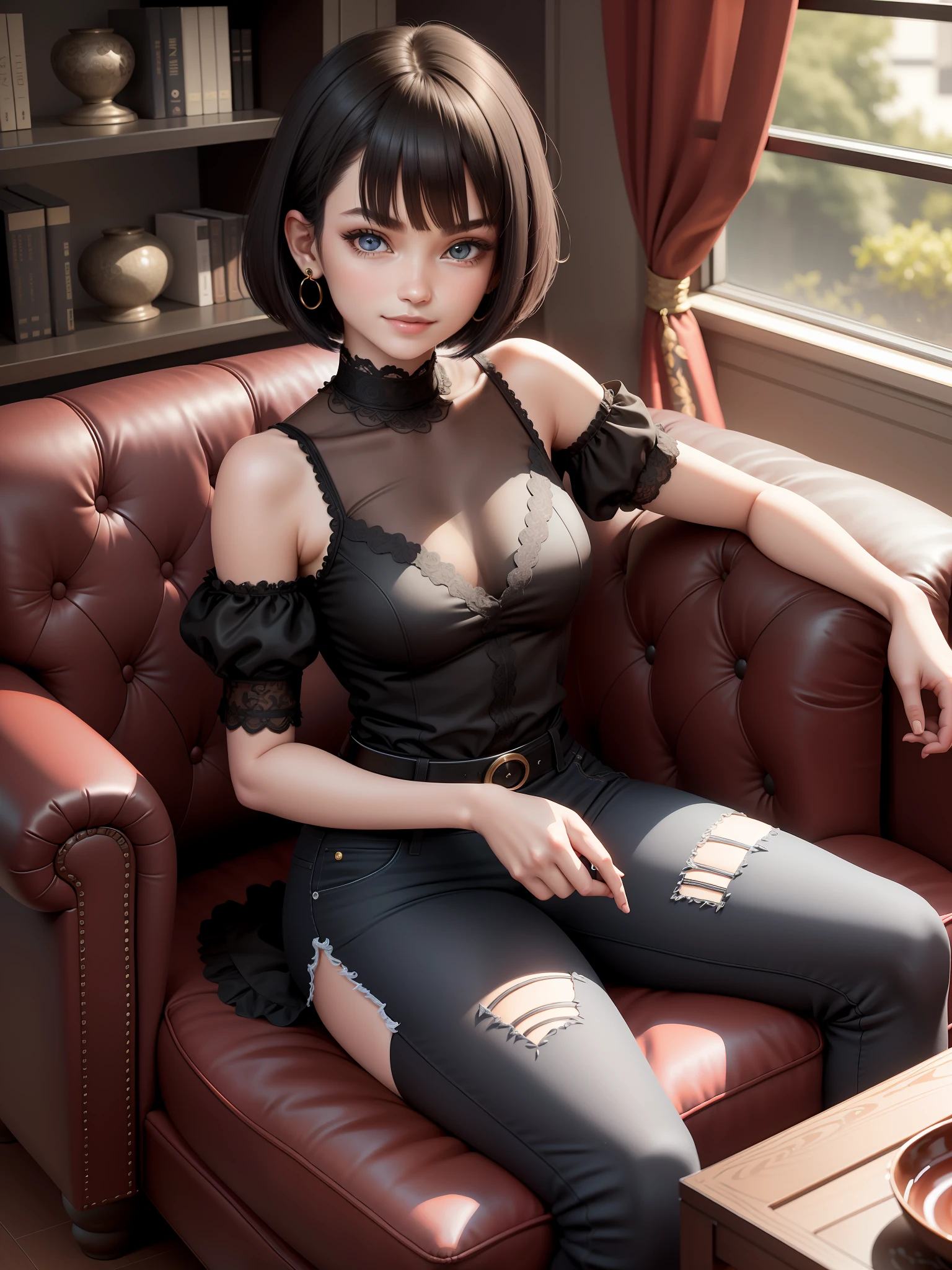 (masterpiece),(best quality),(ultra-detailed), (full body: 1.2), 1girl, cute, 12y, smile, black and red Bob haircut, honey eyes, earring, black rock t-shirt, ripped jeans, lace socks, (sitting on brown sofa), behaved posture, smile, An elegant black coffee table sits in front of the sofa and some decorative items are placed on the shelves, (beautiful and detailed face), (beautiful detailed eyes),