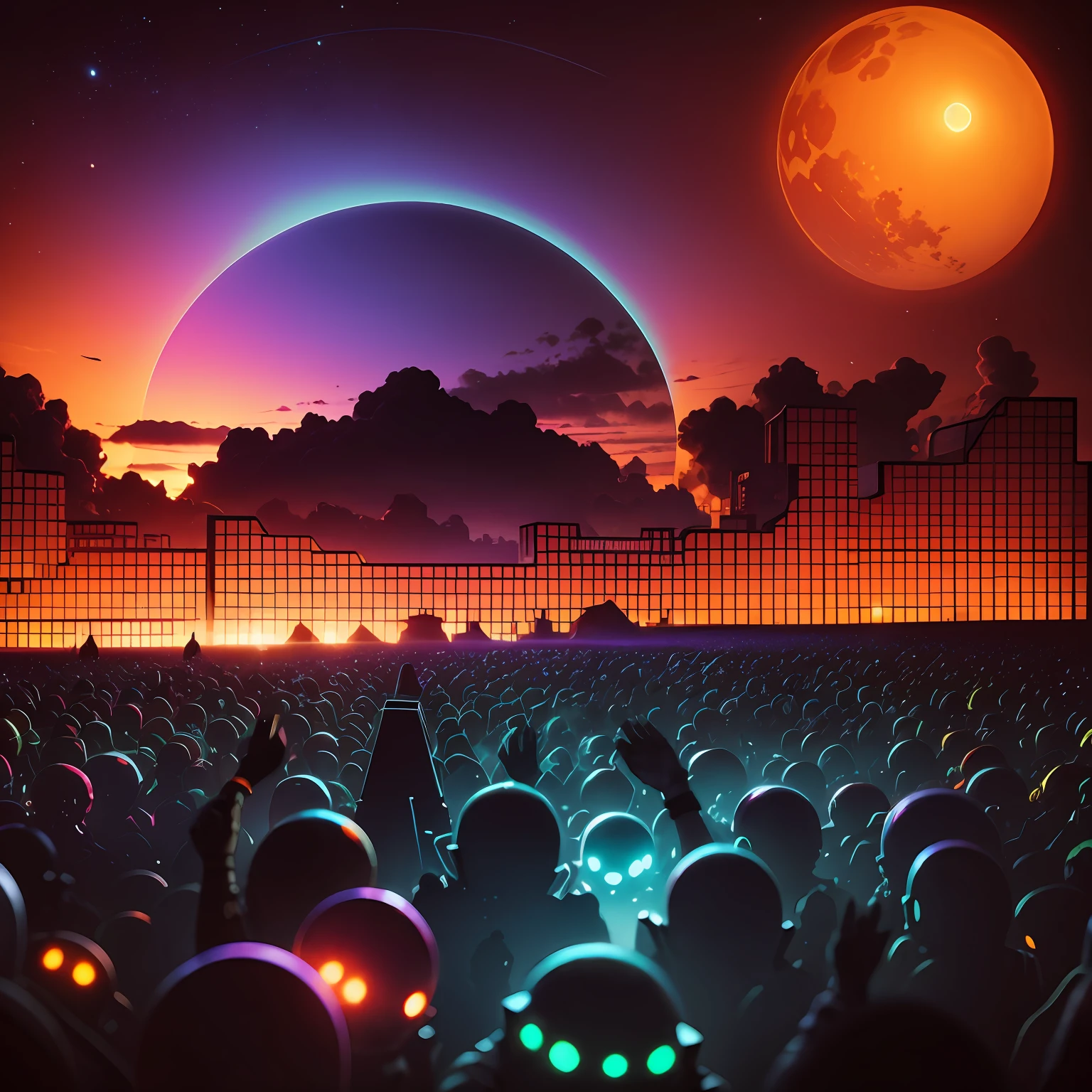 Sunset alien rave promotional image of event called melting --auto --s2