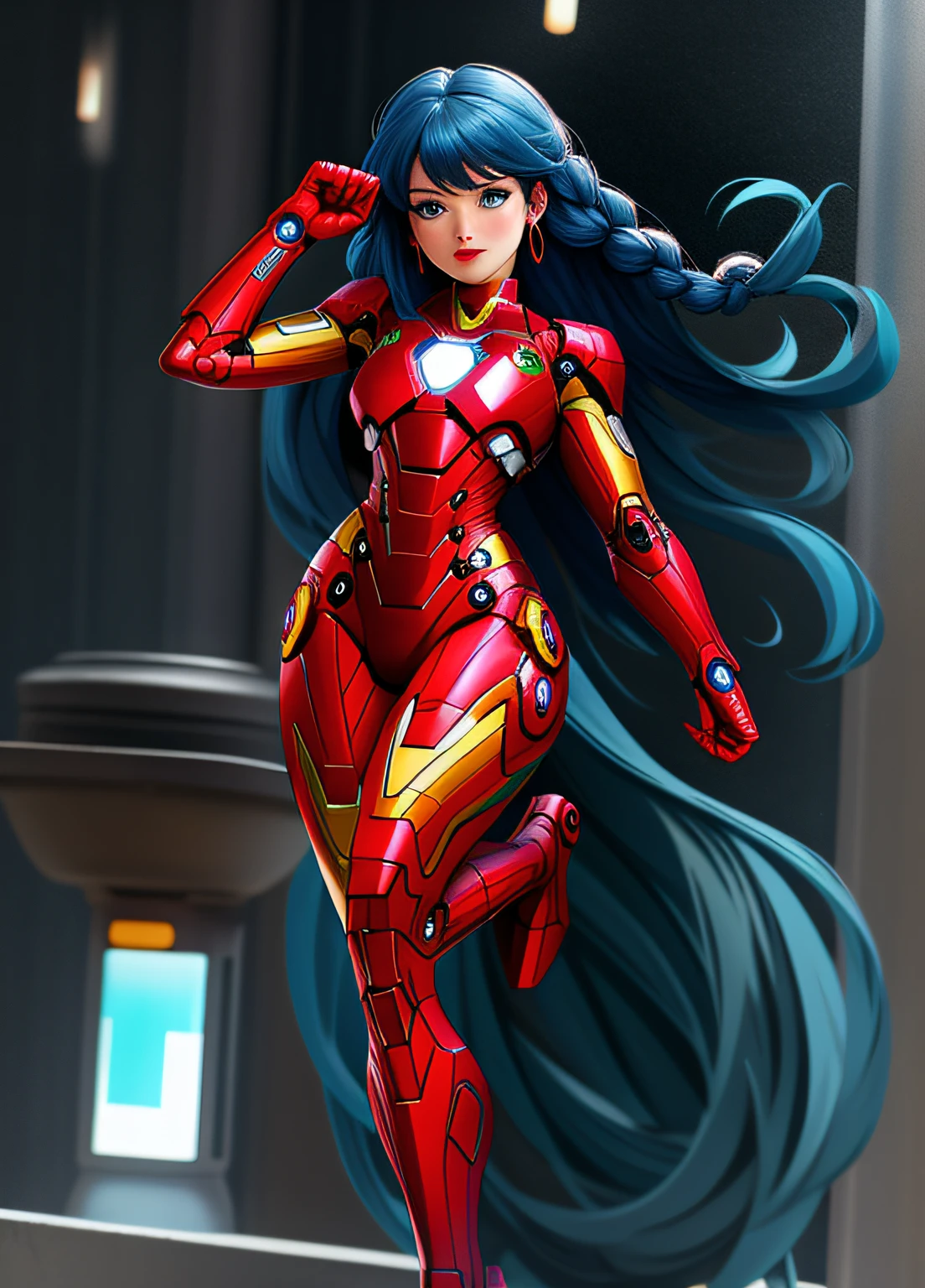 A Woman, full body photo with her feet on the ground, ((dressed as Iron Man/Spider-Man/Mega Man-X)), tight-fitting suit, immensely gigantic breasts. The woman has long blue hair with braids held by teddy bear barrettes, green eyes, this one with her fists up, her outfit has several weapons attached to her costume. The woman is looking at the viewer, flushed face, heavy makeup on her face, red lipstick. She on top of a tall building raining heavily, her hair and clothes are soaked, rape face, Anime style, anime, Mortal Kombar style, Mega Man-X style, 16k, high quality, award winning, high details, anatomically correct, masterpiece, UHD