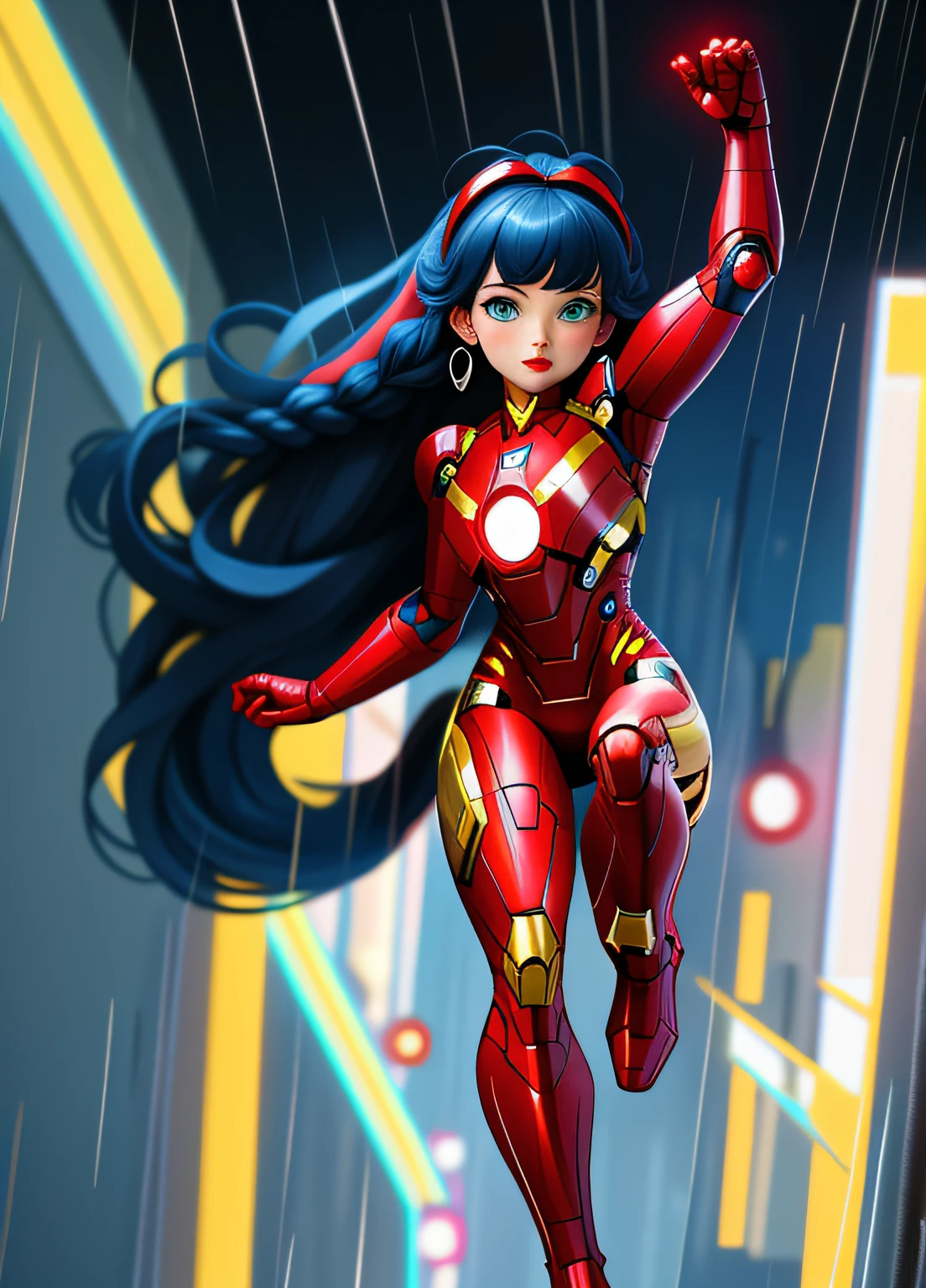 A Woman, full body photo with her feet on the ground, ((dressed as Iron Man/Spider-Man/Mega Man-X)), tight-fitting suit, immensely gigantic breasts. The woman has long blue hair with braids held by teddy bear barrettes, green eyes, this one with her fists up, her outfit has several weapons attached to her costume. The woman is looking at the viewer, flushed face, heavy makeup on her face, red lipstick. She on top of a tall building raining heavily, her hair and clothes are soaked, rape face, Anime style, anime, Mortal Kombar style, Mega Man-X style, 16k, high quality, award winning, high details, anatomically correct, masterpiece, UHD