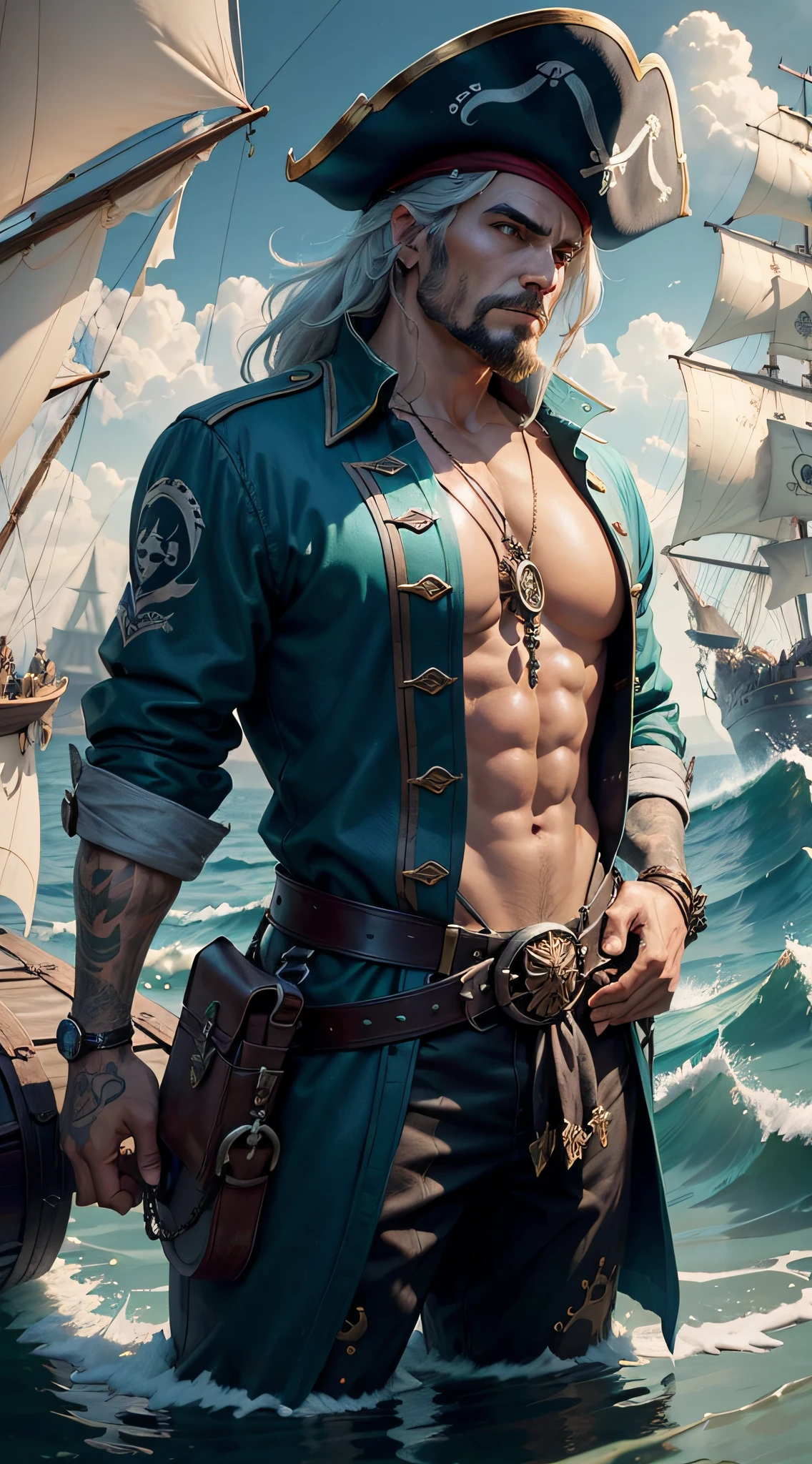 Masterpiece, best quality, (very detailed CG unified 8k wallpaper), (best quality), (best illustration), (best shadow), (Stable Diffusion Model) An epic artwork that embodies the thrilling and mysterious atmosphere of pirates - featuring the legendary Davy Jones and the treasures he seeks. The overall tone should be intense, with heavy emphasis on details such as intricate pirate ships and unique character designs for Jones and his crew. Blend bold colors like deep ocean blues and rich metallics, and include elements like shimmering gold, marine life, and nautical symbols.