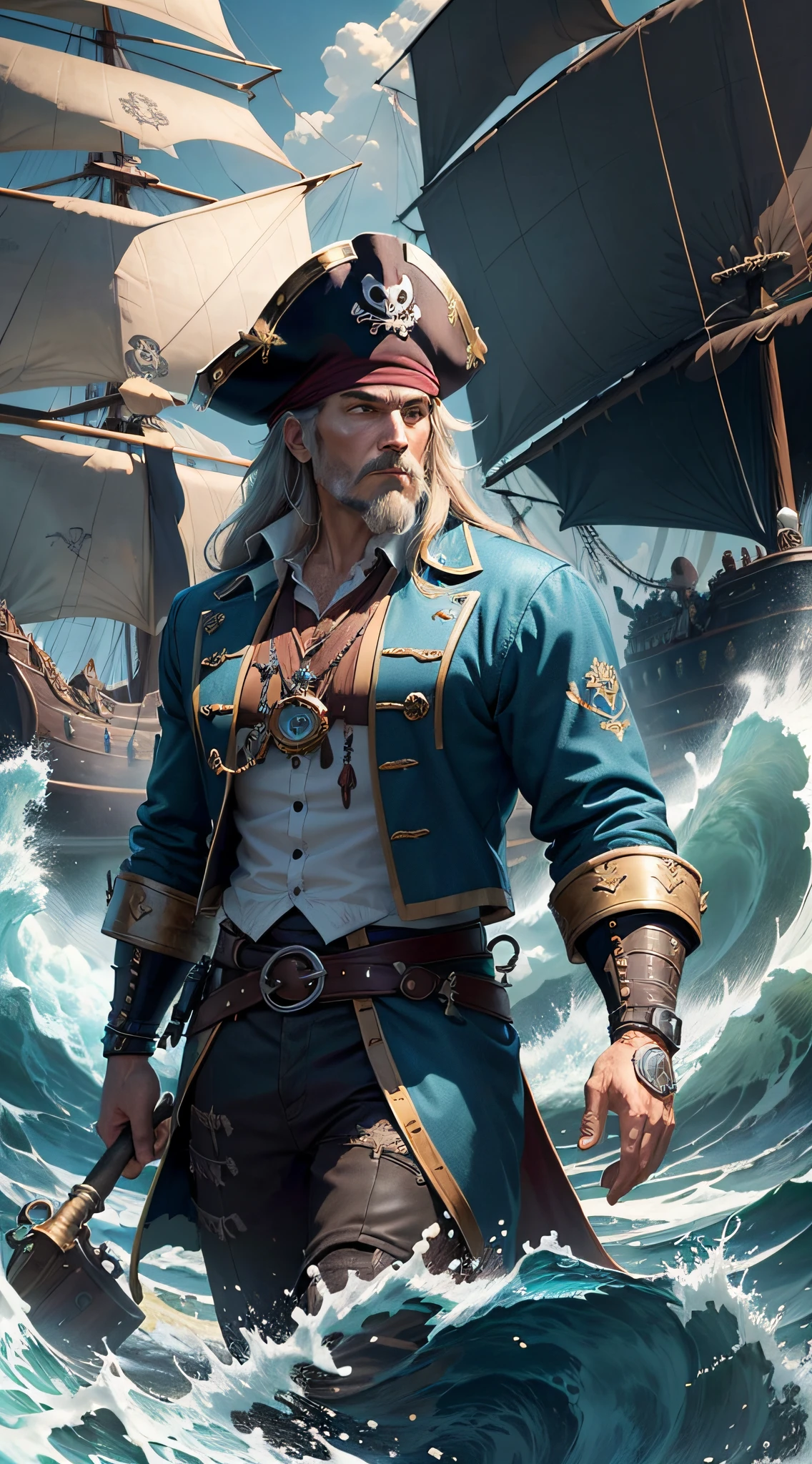 Masterpiece, best quality, (very detailed CG unified 8k wallpaper), (best quality), (best illustration), (best shadow), (Stable Diffusion Model) An epic artwork that embodies the thrilling and mysterious atmosphere of pirates - featuring the legendary Davy Jones and the treasures he seeks. The overall tone should be intense, with heavy emphasis on details such as intricate pirate ships and unique character designs for Jones and his crew. Blend bold colors like deep ocean blues and rich metallics, and include elements like shimmering gold, marine life, and nautical symbols.