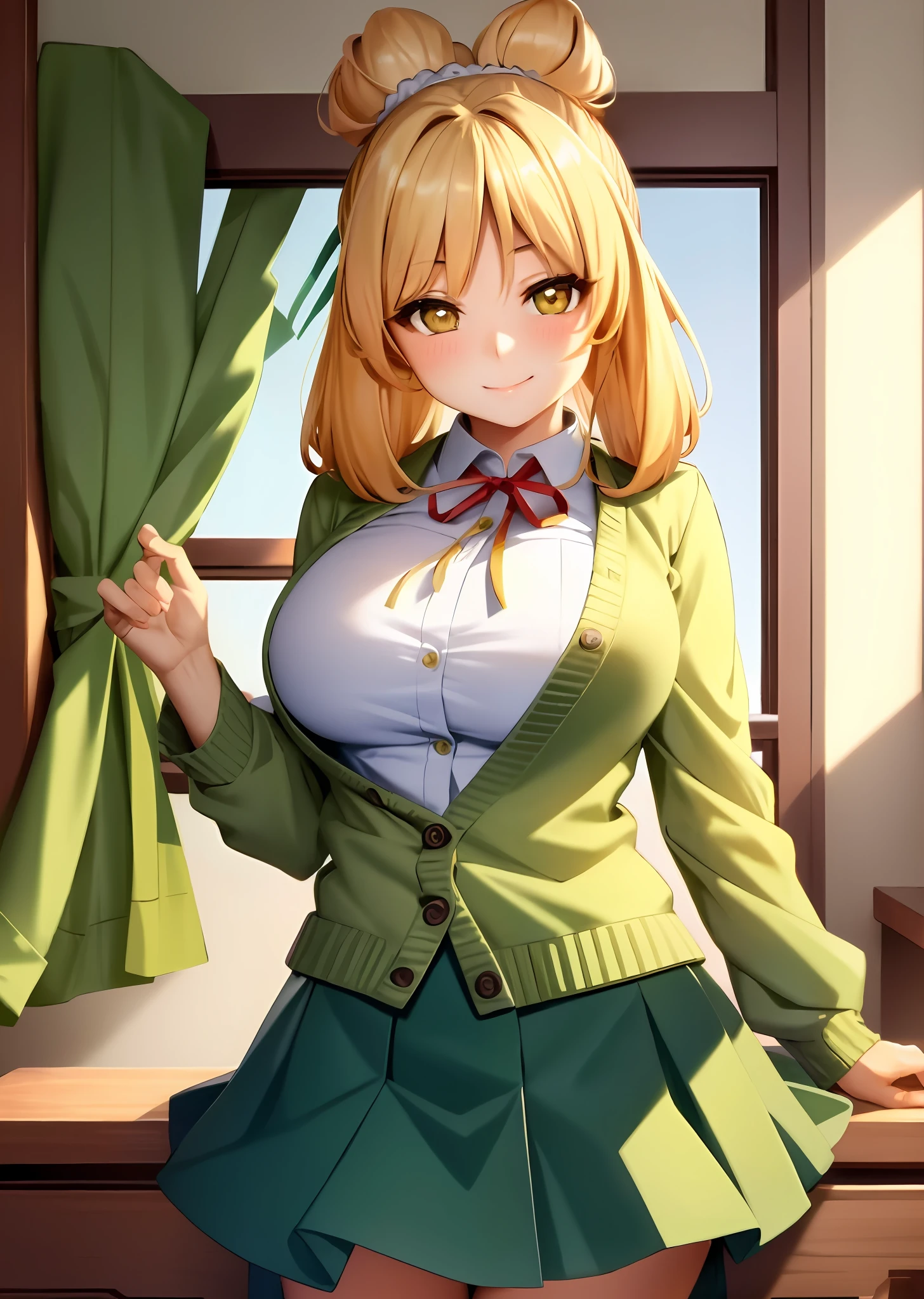 masterpiece:1.2, best quality, isacrossing, topknot, green cardigan, white shirt, blue skirt, red ribbon, female, forest, giving flower, centered, looking at viewer smiling, human, anime girl, yellow eyes , large breast