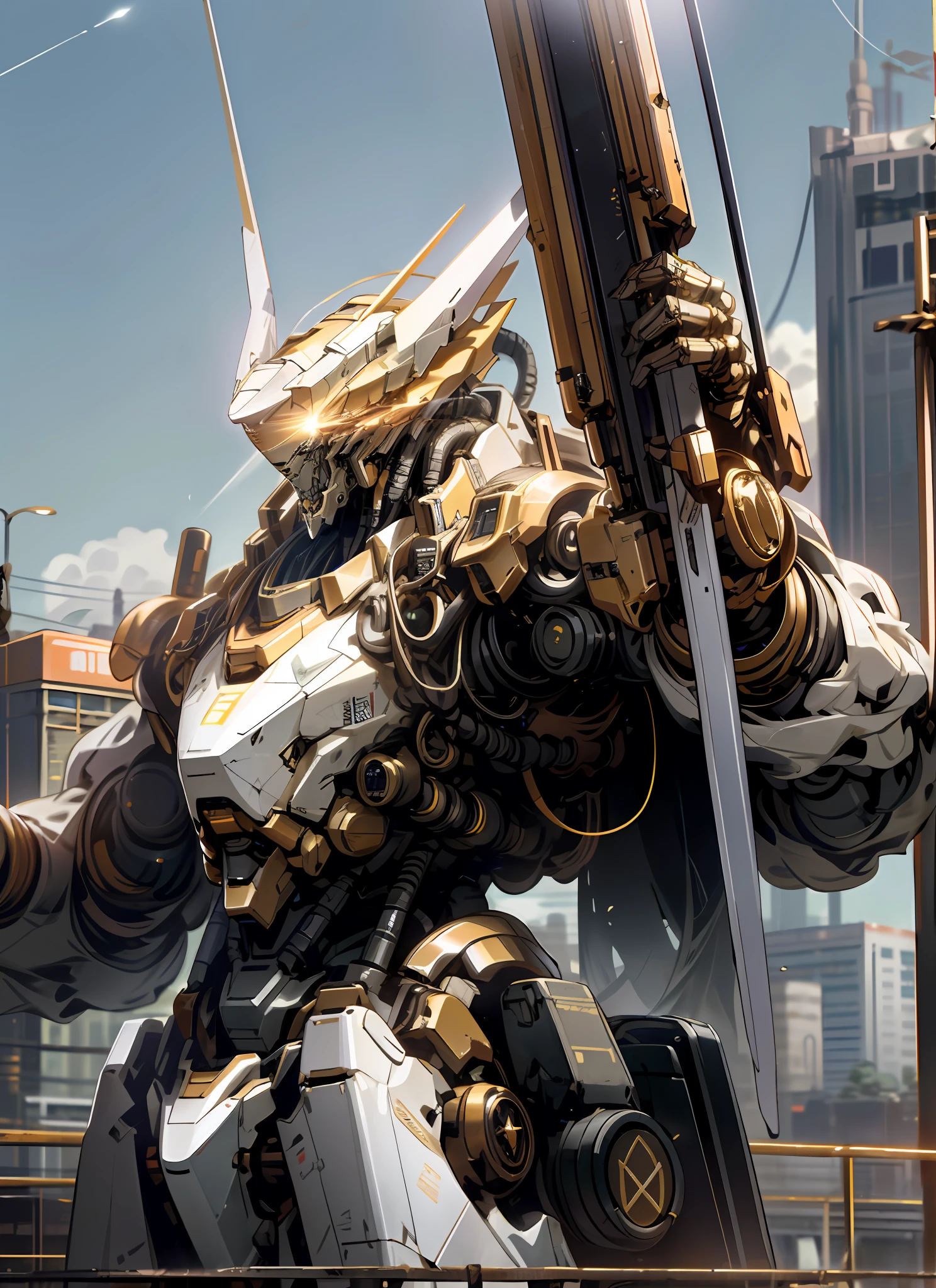 A robot with Glowing Eyes builds a weapon under a bright sky. There is a science fiction atmosphere that envelops the realistic backdrop of the city. A divine golden mech.