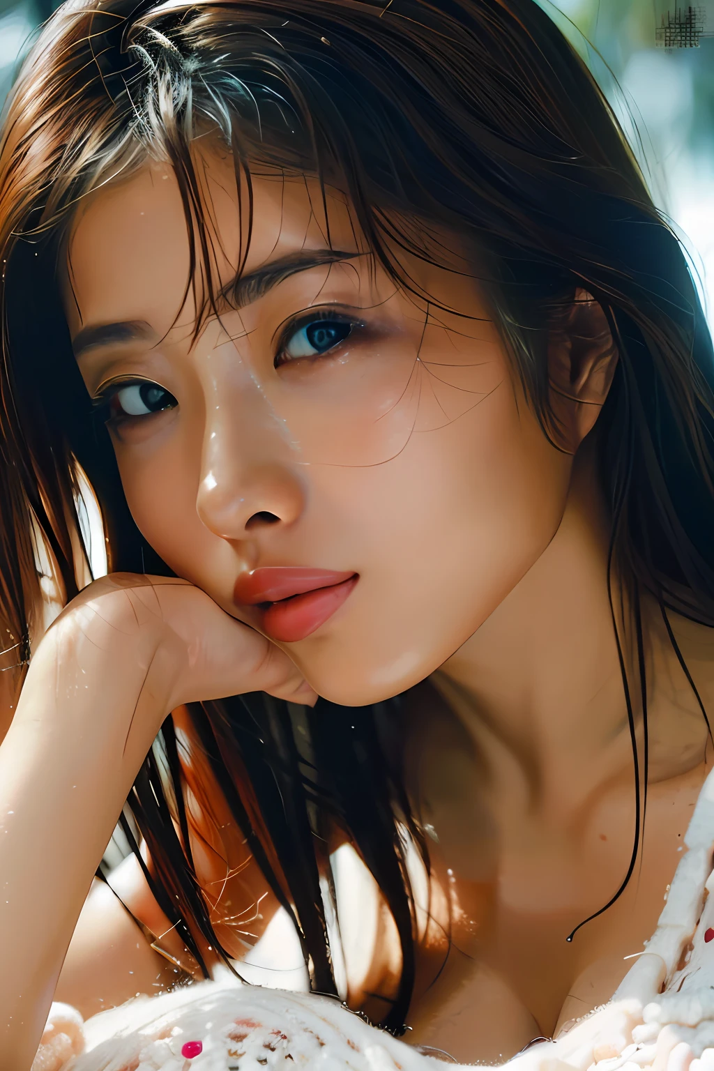 Best quality, masterpiece, ultra high res, (photorealistic:1.4), raw photo, 1girl, DARK hair, shiny skin, WET BODY, dramatic lighting, full body, bitch, micro bikini, huge breasts