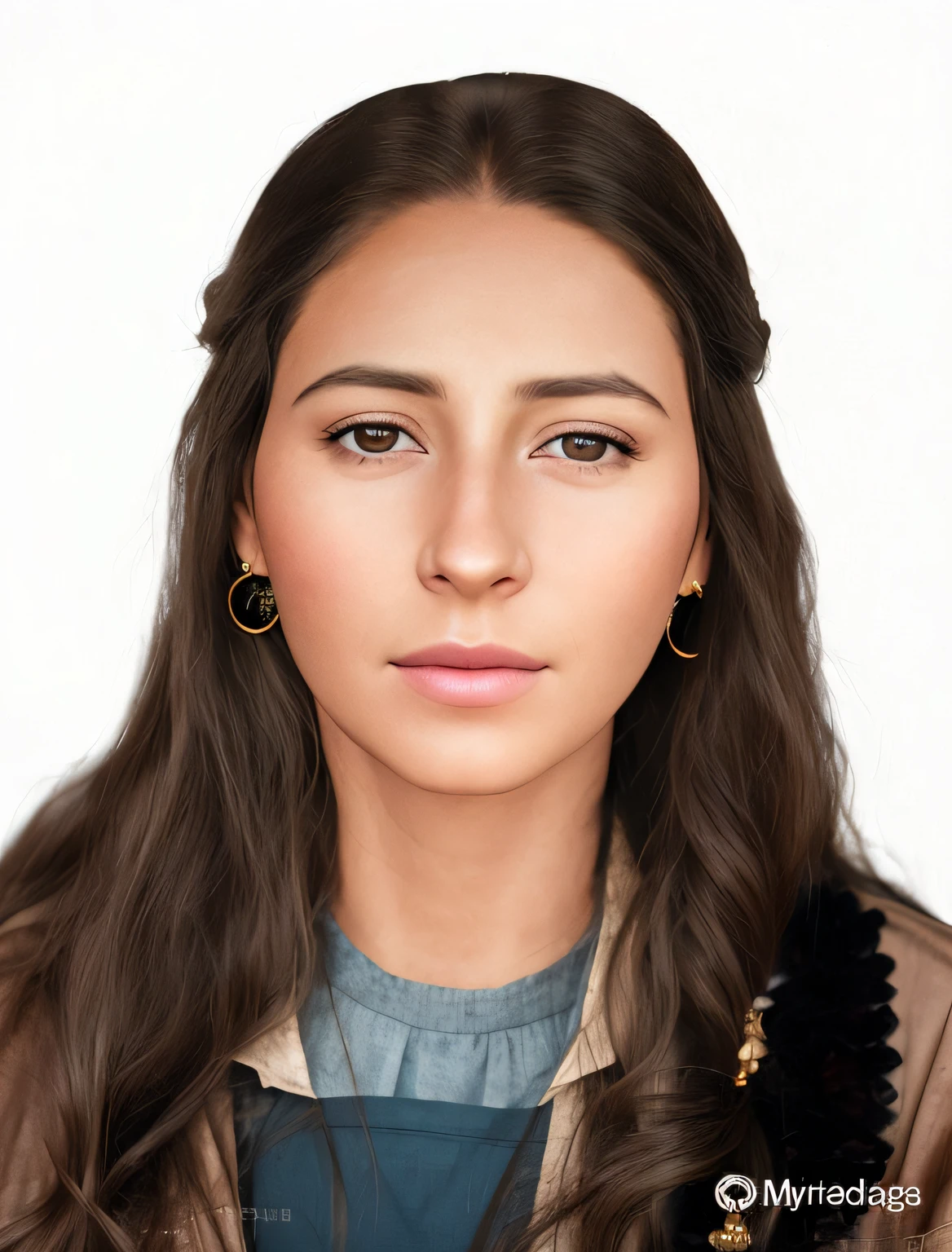 arafed woman with long hair and earrings gold necklace looking for camera, realistic restored face, old libu young, old princess libu, realistically rendered face, realistic person, thin age 2 5, portrait rendering up close, photo discovery, fotorealiscic face, realistic female portrait, historical image, realistic maya, photorealistic studio portrait photorealistic