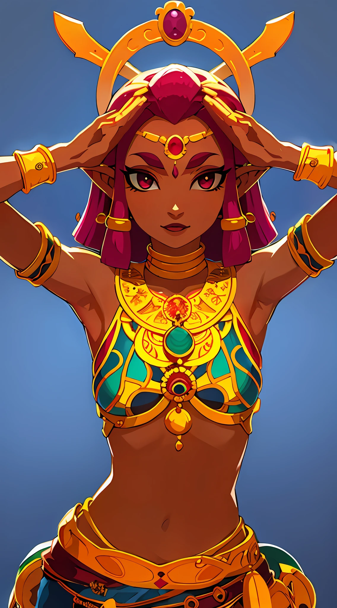 1z_riju\(totk\), 1girl, solo, breasts, jewelry, armpit, handsinhead, sexy