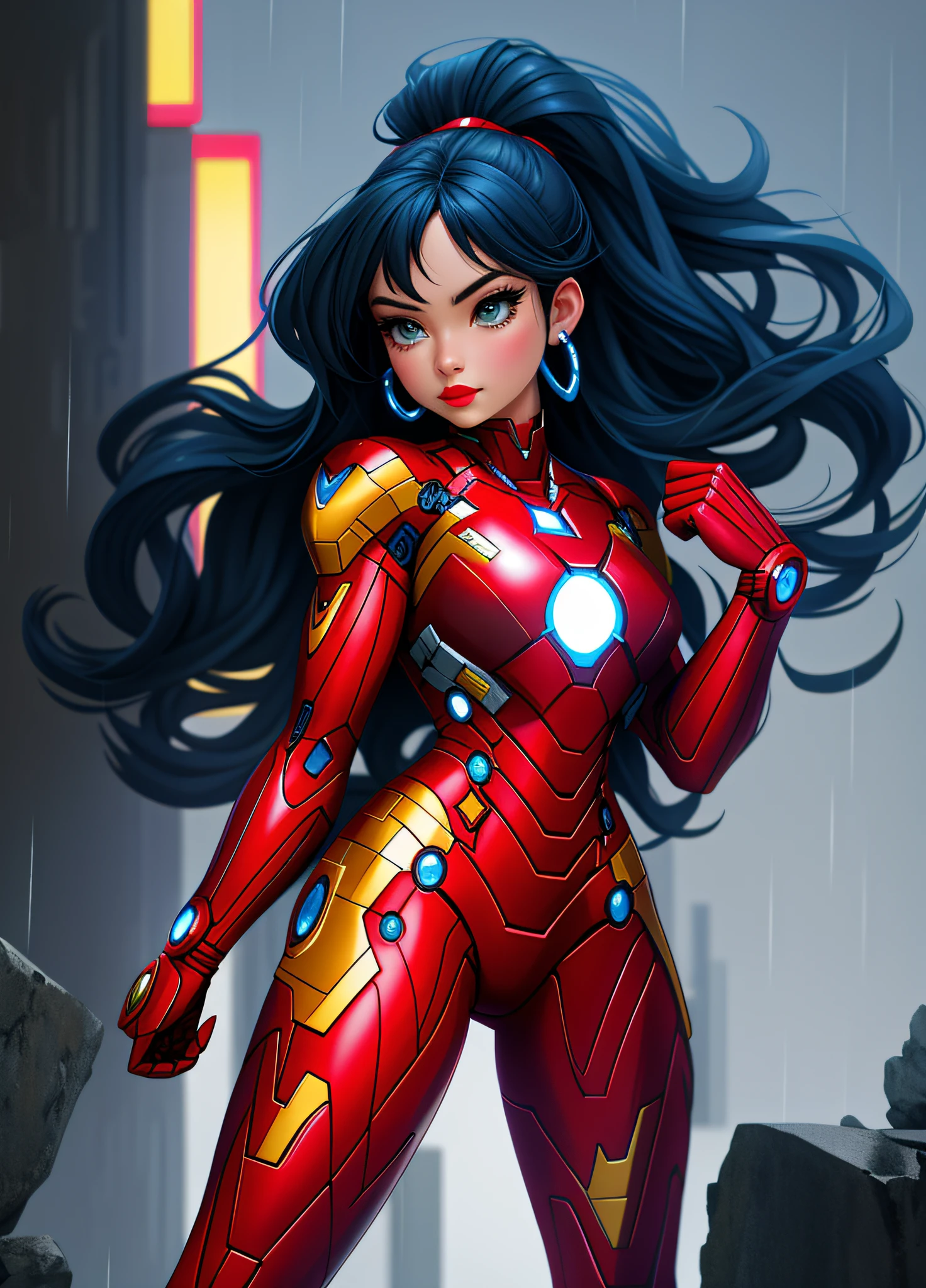 A Woman, full body photo with her feet on the ground, ((dressed as Iron Man/Spider-Man/Mega Man-X)), tight-fitting suit, immensely gigantic breasts. The woman has long blue hair with braids held by teddy bear barrettes, green eyes, this one with her fists up, her outfit has several weapons attached to her costume. The woman is looking at the viewer, flushed face, heavy makeup on her face, red lipstick. She on top of a tall building raining heavily, her hair and clothes are soaked, rape face, Anime style, anime, Mortal Kombar style, Mega Man-X style, 16k, high quality, award winning, high details, anatomically correct, masterpiece, UHD