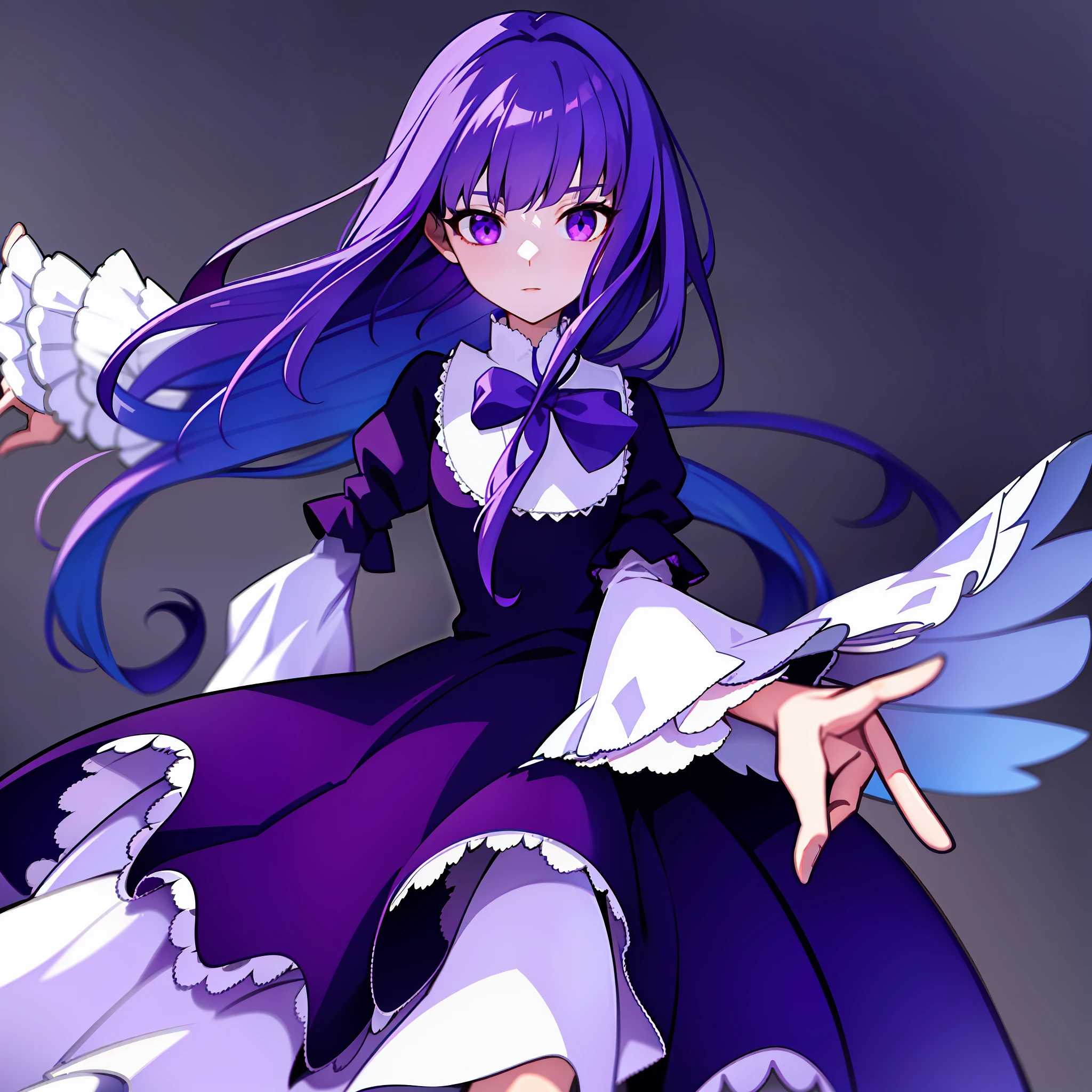 1girl, frederica bernkastel, blue hair, purple eyes, dress, detailed background, long sleeves, looking from back, dark purple space background, many crystallized fragments in background