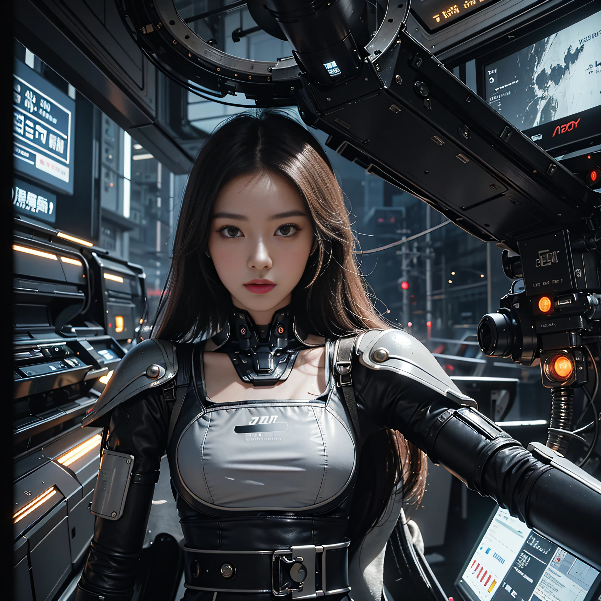 Best quality, delicate face, 20 years old Japan beautiful girl, beautiful face, beautiful eyes, shiny long hair, slim body, mechanical body, robot body, wires, cables, meters, panels, lights, cockpit, turn around, over the city, there is a huge alien spaceship floating in the air, cyberpunk, sci-fi, dynamic angles, weapons, space war, porthole, illusion, smoke, emergency,