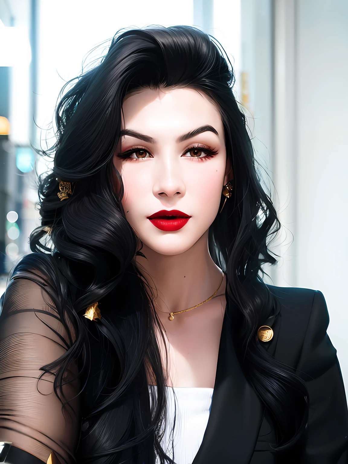 Woman with long black hair and red lipstick posing for a photo, headshot profile picture, wavy long black hair, woman with long black hair, white blazer, dress blouse, gold jewelry, photo essay style