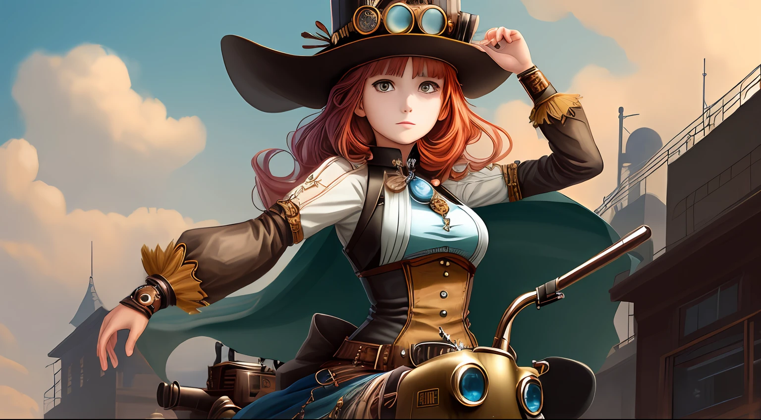 ((1girl)), with an anime style, riding in a steampunk car, full hd, masterpiece, cinematic