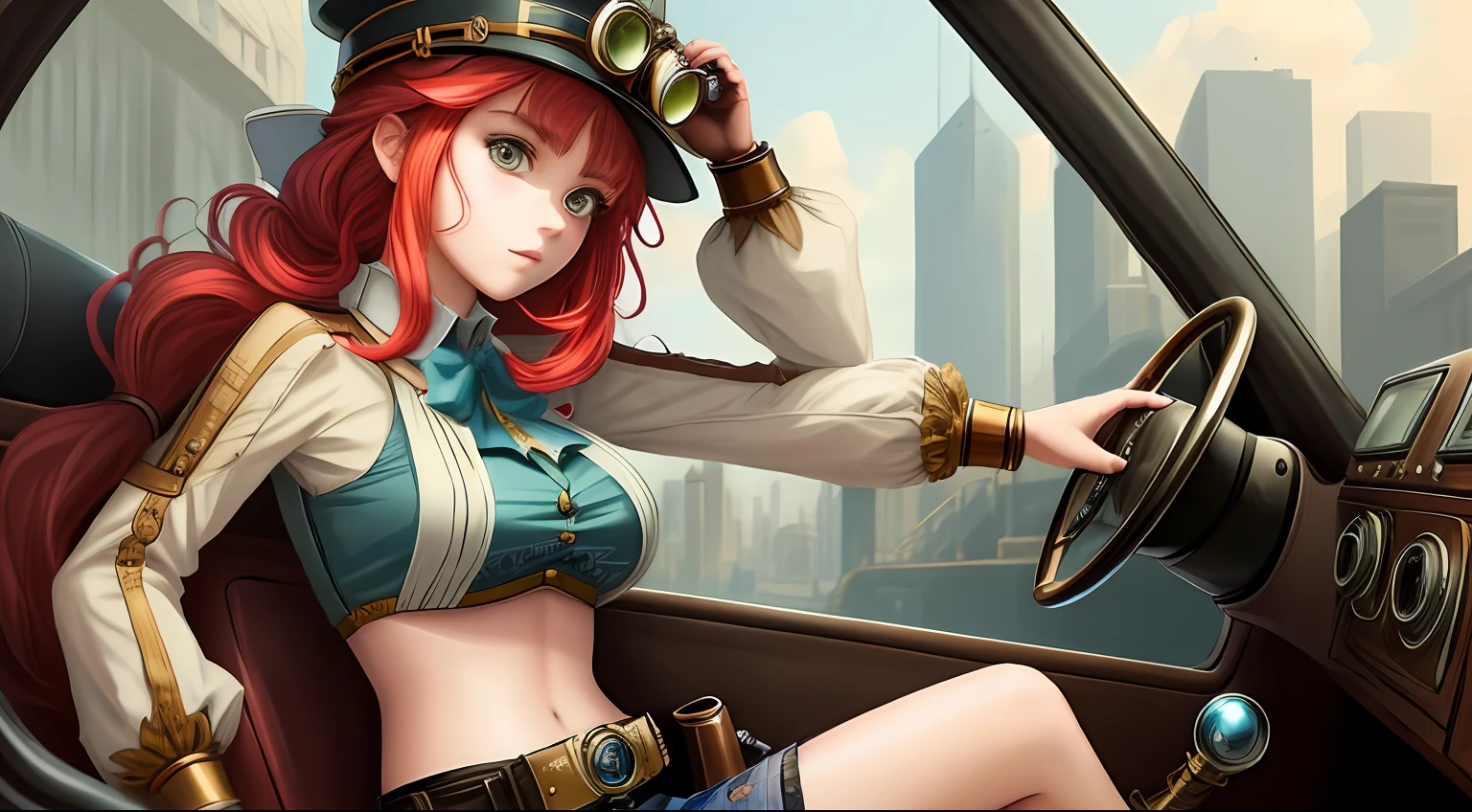 ((1girl)), with an anime style, riding in a steampunk car, full hd, masterpiece, cinematic