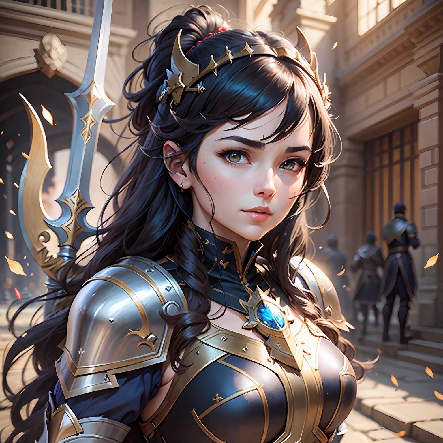 zoomed out view of a woman with dark hair and a sword and armor, cushart krenz key art feminine, granblue fantasy, armor girl, gorgeous female paladin, 2. 5 d cgi anime fantasy artwork, ashe, extremely detailed artgerm, artgerm and atey ghailan, knights of zodiac girl, astri lohne, portrait knights of zodiac girl --auto --s2