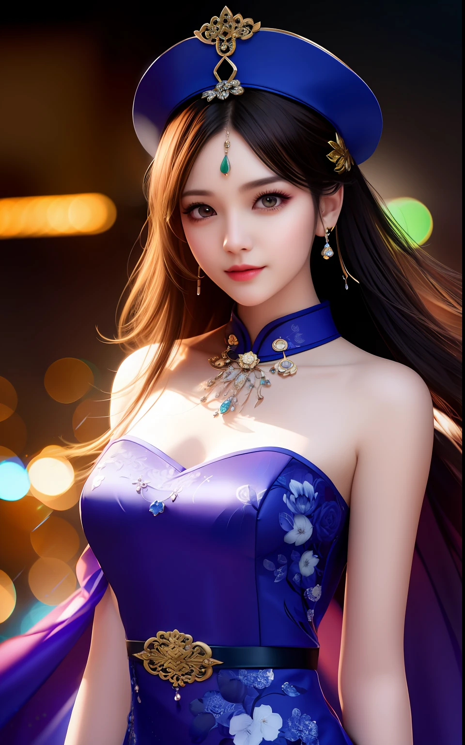Top Quality, Masterpiece, High Resolution, One Girl, One Girl, Cheongsam, Hat, Necklace, Jewelry, Beautiful Face, on_body, Tyndall Effect, Photorealistic, Dark Studio, Rim Lighting, Two-Tone Lighting, (High Definition Skin: 1.2), 8K UHD, DSLR, Soft Lighting, High Quality, Volumetric Lighting, Candid, Photography, High Resolution, 4k, 8k, Bokeh