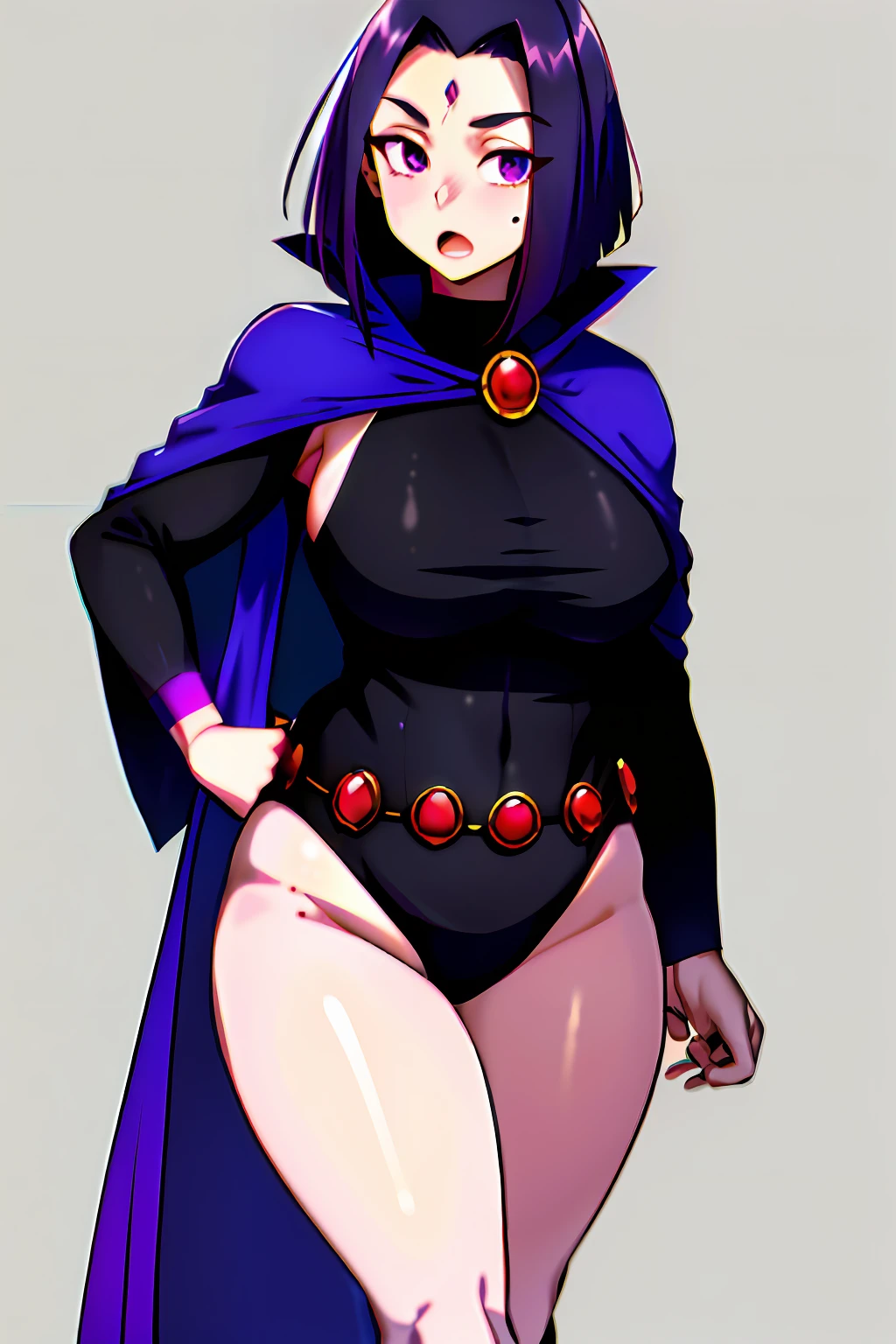 Style-Hamunaptra, best quality, 19year old woman, raven \(dc\), blue leotard, purple cape, purple hair, plump breasts, thin body, red forehead jewel, purple eyes, short hair, belt, superhero,
