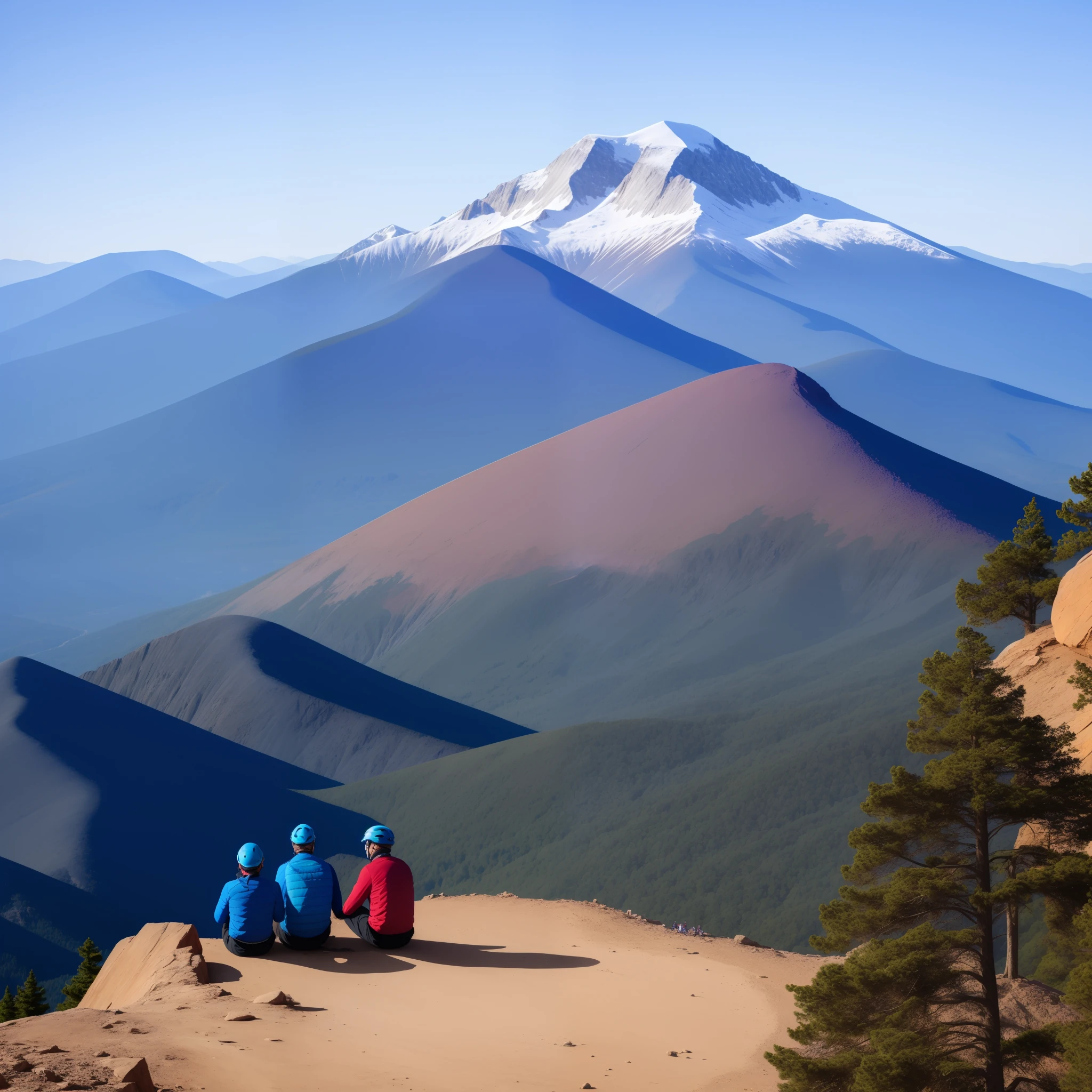 Two people talking on top of a purple mountain