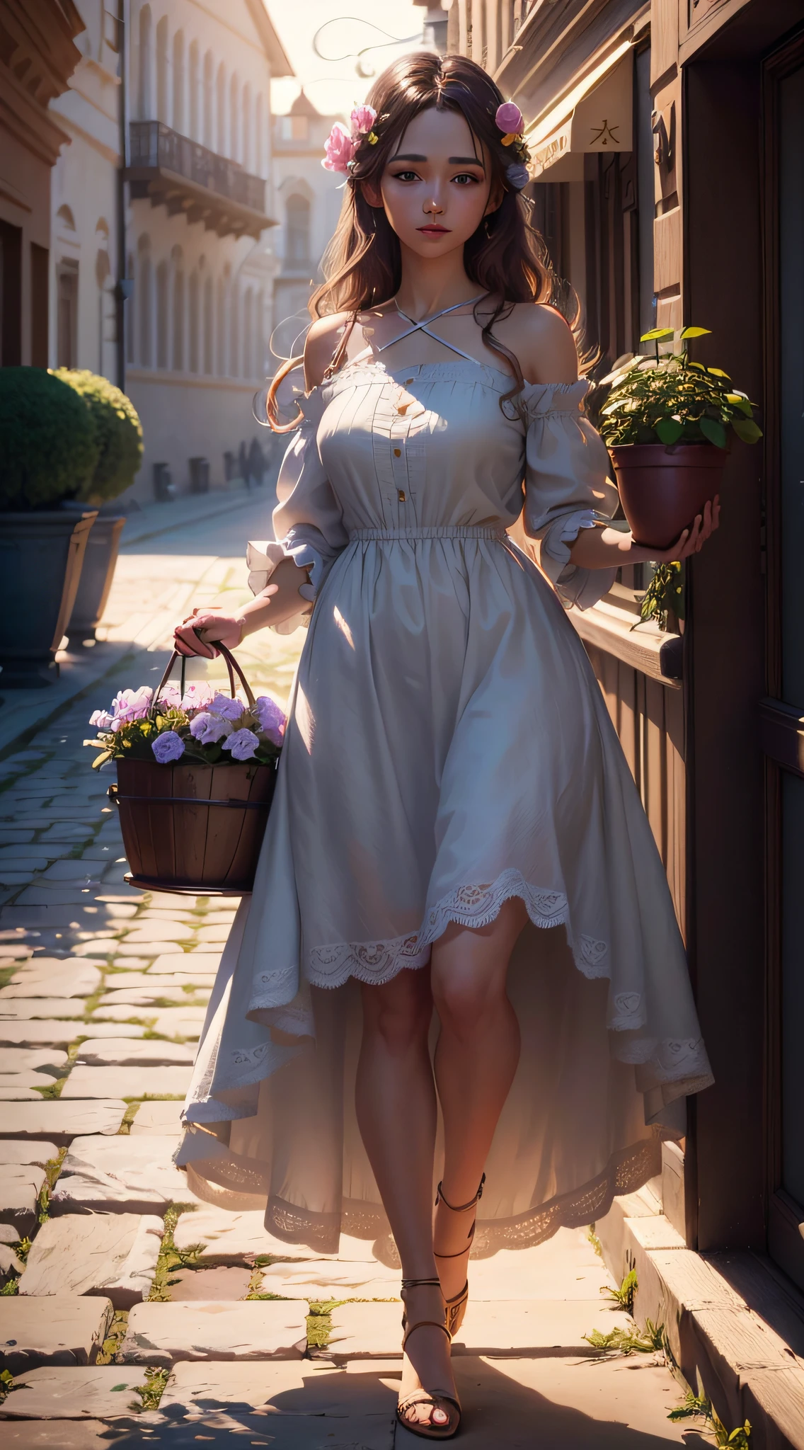(extremely detailed CG unity 8k wallpaper,masterpiece, best quality, ultra-detailed),(best illumination, best shadow, an extremely delicate and beautiful),woman,hands holding a flower bucket,(casual outfit+flowing dress:1.2),standing pose, beautiful face, soft focus background.