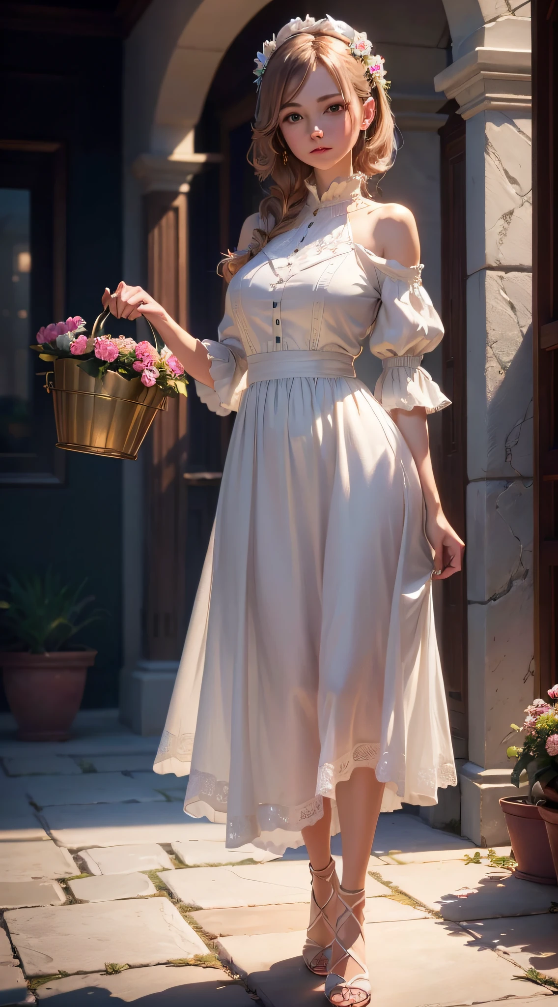 (extremely detailed CG unity 8k wallpaper,masterpiece, best quality, ultra-detailed),(best illumination, best shadow, an extremely delicate and beautiful),woman,hands holding a flower bucket,(casual outfit+flowing dress:1.2),standing pose, beautiful face, soft focus background.