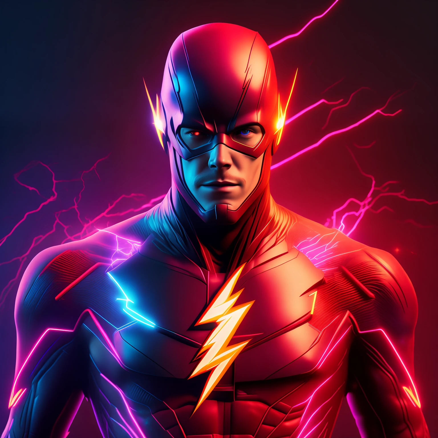 the Flash, Cyberpunk, 8k front face and chest ultra-detailed and ultra-realistic neon lightning
