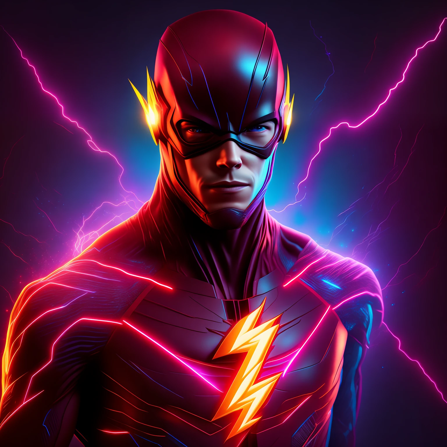 the Flash, Cyberpunk, 8k front face and chest ultra-detailed and ultra-realistic neon lightning