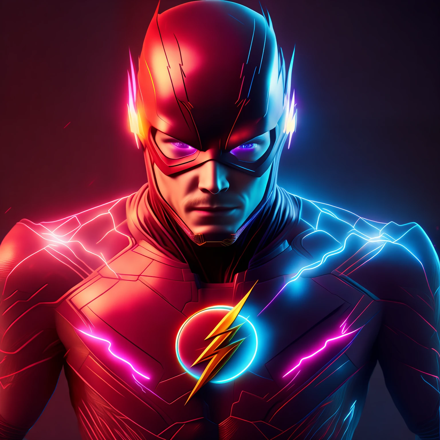 the Flash, Cyberpunk, 8k front face and chest ultra-detailed and ultra-realistic neon lightning