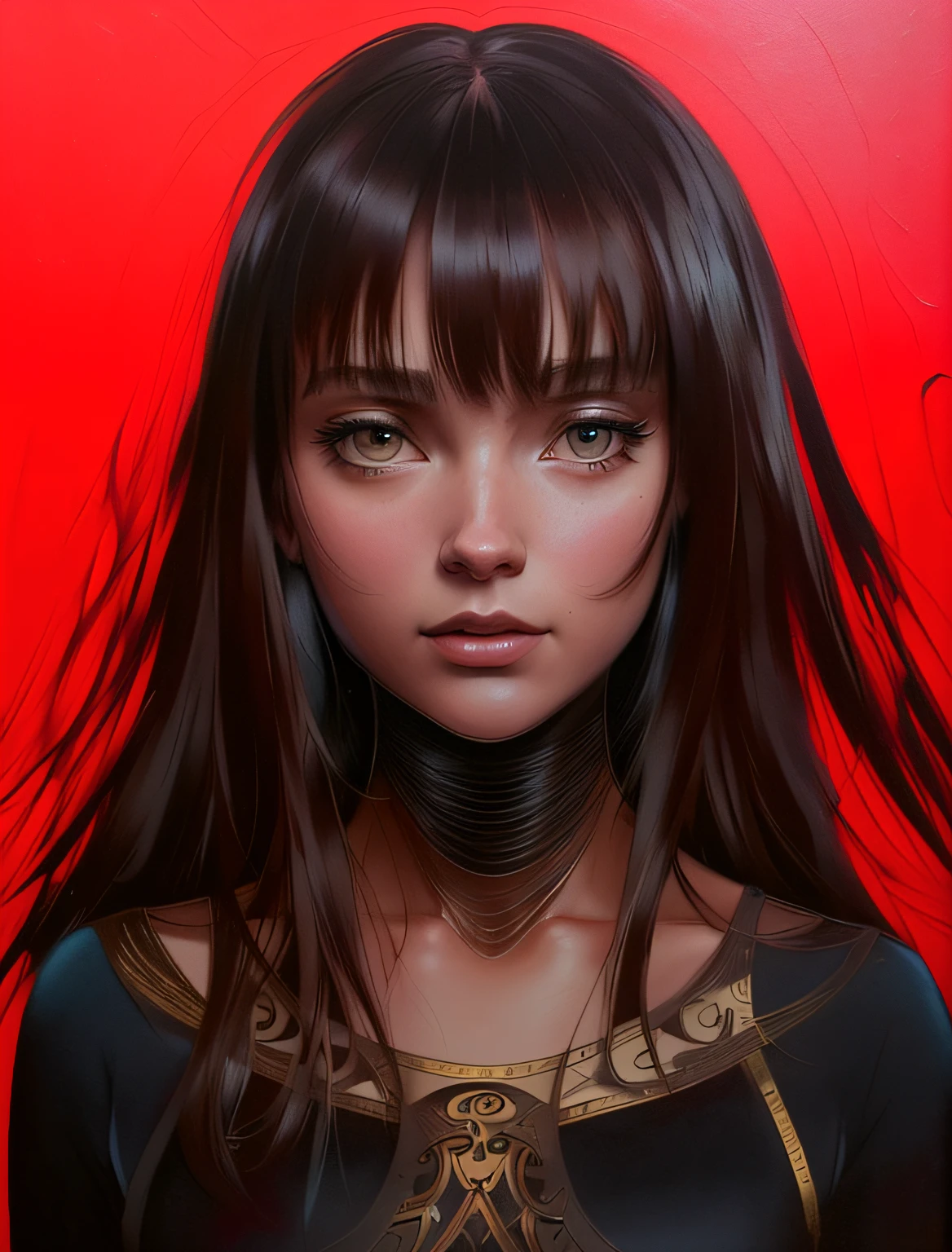 modelshoot style, full shot body,(extremely detailed ((full body)) photograph of a beautiful young woman), (intricate beautiful long black hair chocolate messy), casual clothes, majestic professional oil painting by Ed Blinkey, Atey Ghailan, Studio Ghibli, by Jeremy Mann, Greg Manchess, Antonio Moro, trend in ArtStation, trend in CGSociety, Intricate, i High Detail, sharp focus, dramatic, photorealistic painting art by Midjourney and Greg Rutkowski