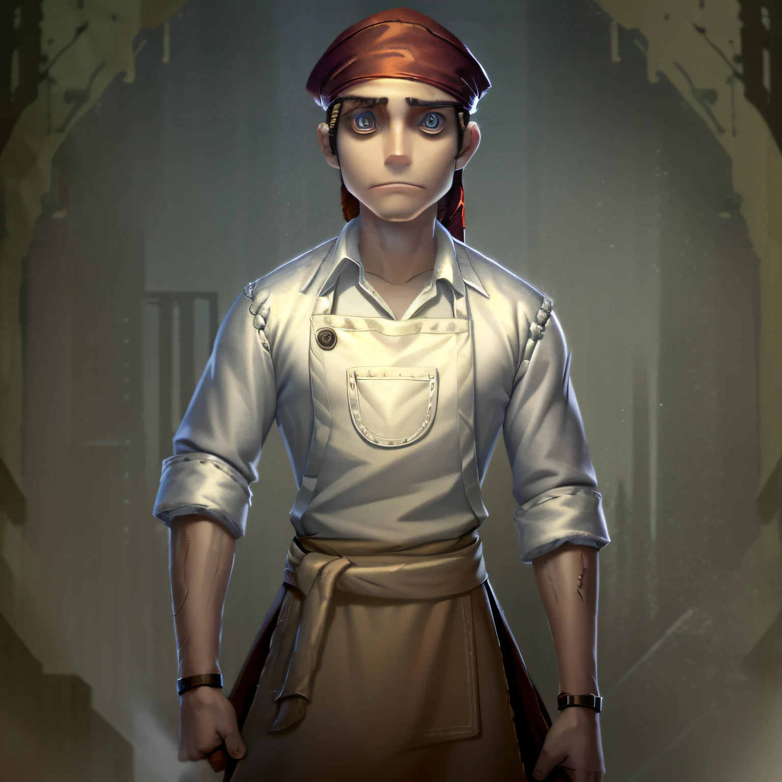 Masterpiece, high quality, 20 year old male, Bordeaux colored bandana on head, white shirt, waist apron, big, facing forward, looking at camera, full body, center of screen