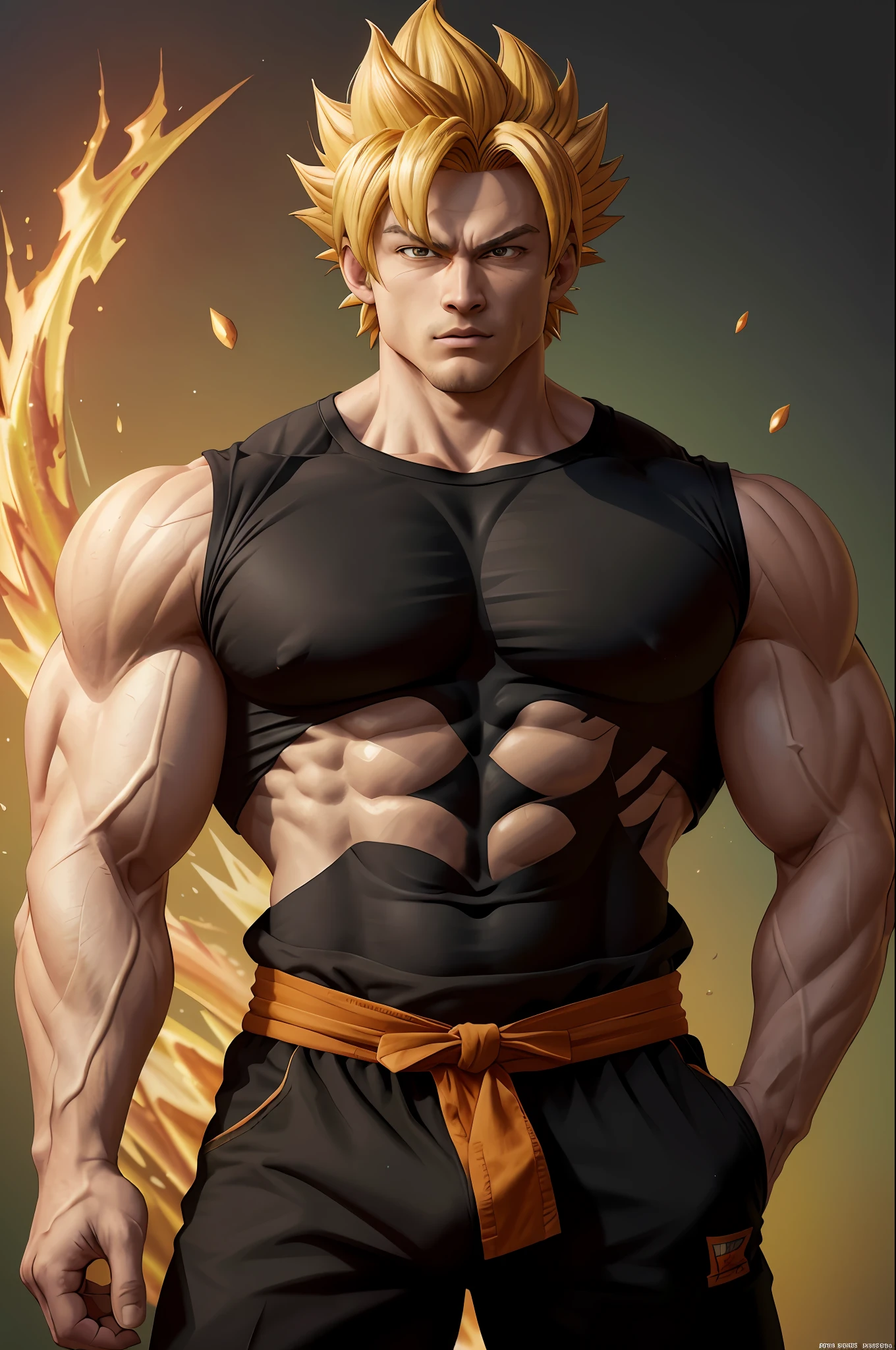 son_goku, super_saiyan, cabelo_amarelo, olhos_verdes, aura, fighting posture, (masterpiece), high contrast, pastel colors, (illustration: 1.2), 1 man, full body, (muscular: 1.3), black shirt, solo, (detailed background:1.4), hyper detailed, highly detailed, beautiful, small details, ultra detailed, best quality, intricate, sharp, digital illustration, detailed, intricate, 4k, 8k, good anatomy, beautiful lighting, award-winning, highres,  (CG extremely detailed, unit, wallpaper 8k: 1.1), highly detailed face, zoomout, colorful, vibrant colors, eating Hamburger