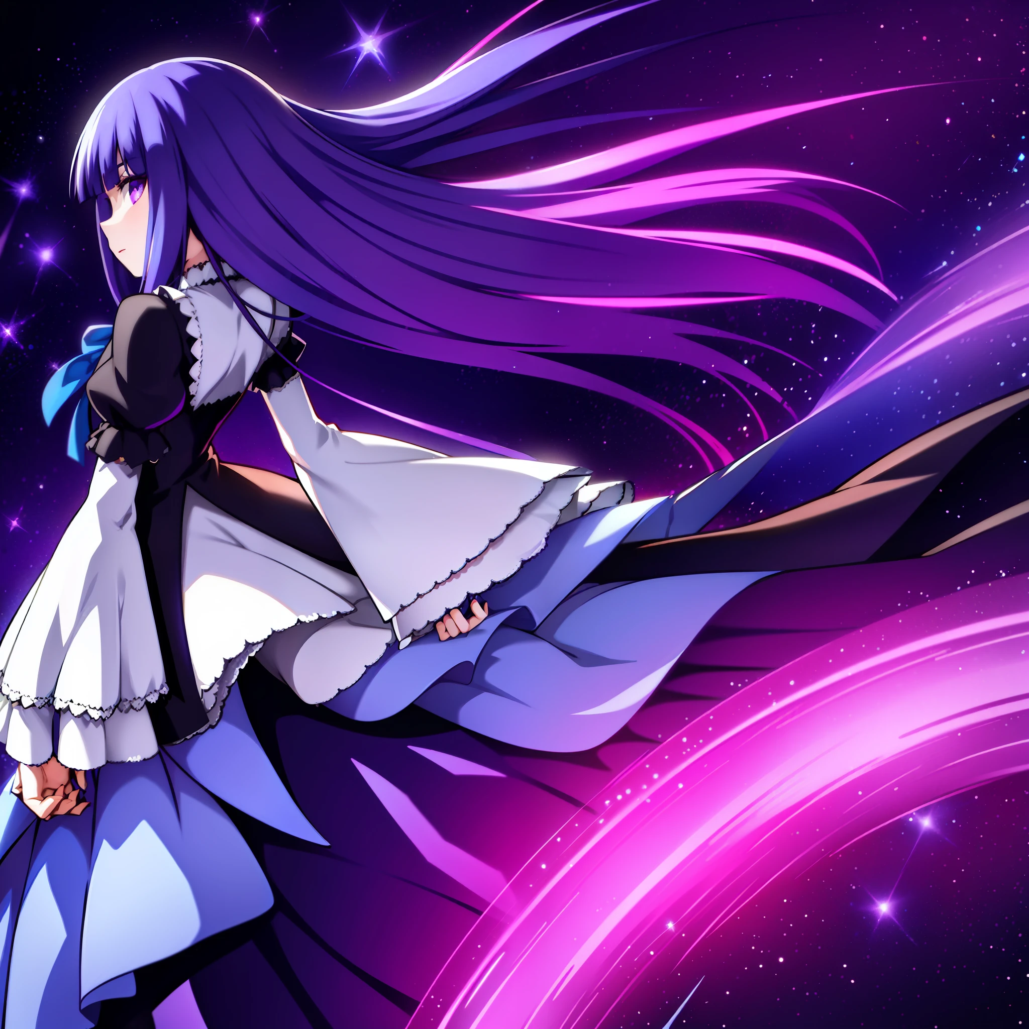 1girl, frederica bernkastel, blue hair, purple eyes, dress, detailed background, long sleeves, looking from back, dark purple space background, many large crystallized fragments in background