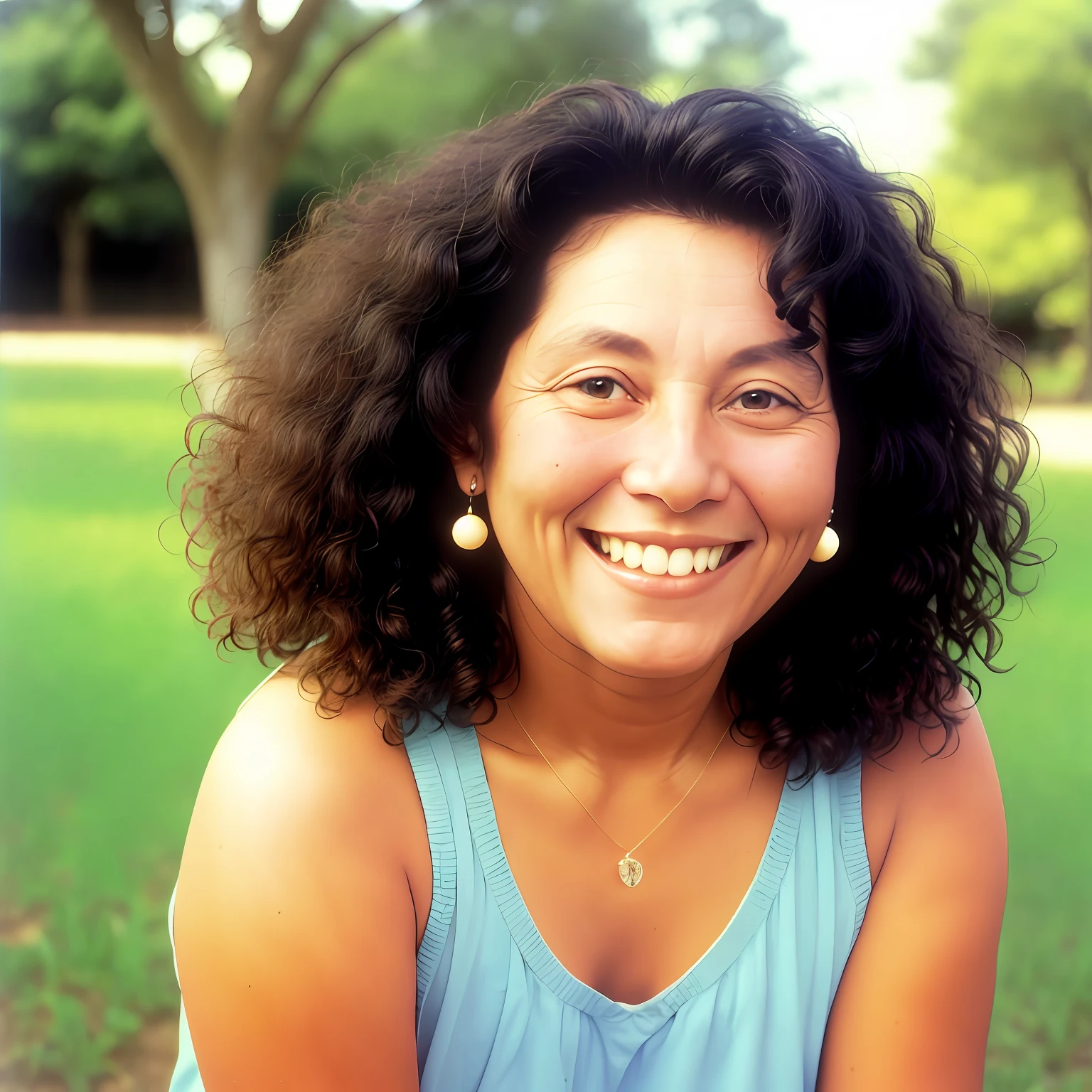Portrait from 1997 (35-year-old woman 1.2) full face, round, tanned skin, half chubby, long curly black hair, smiling
